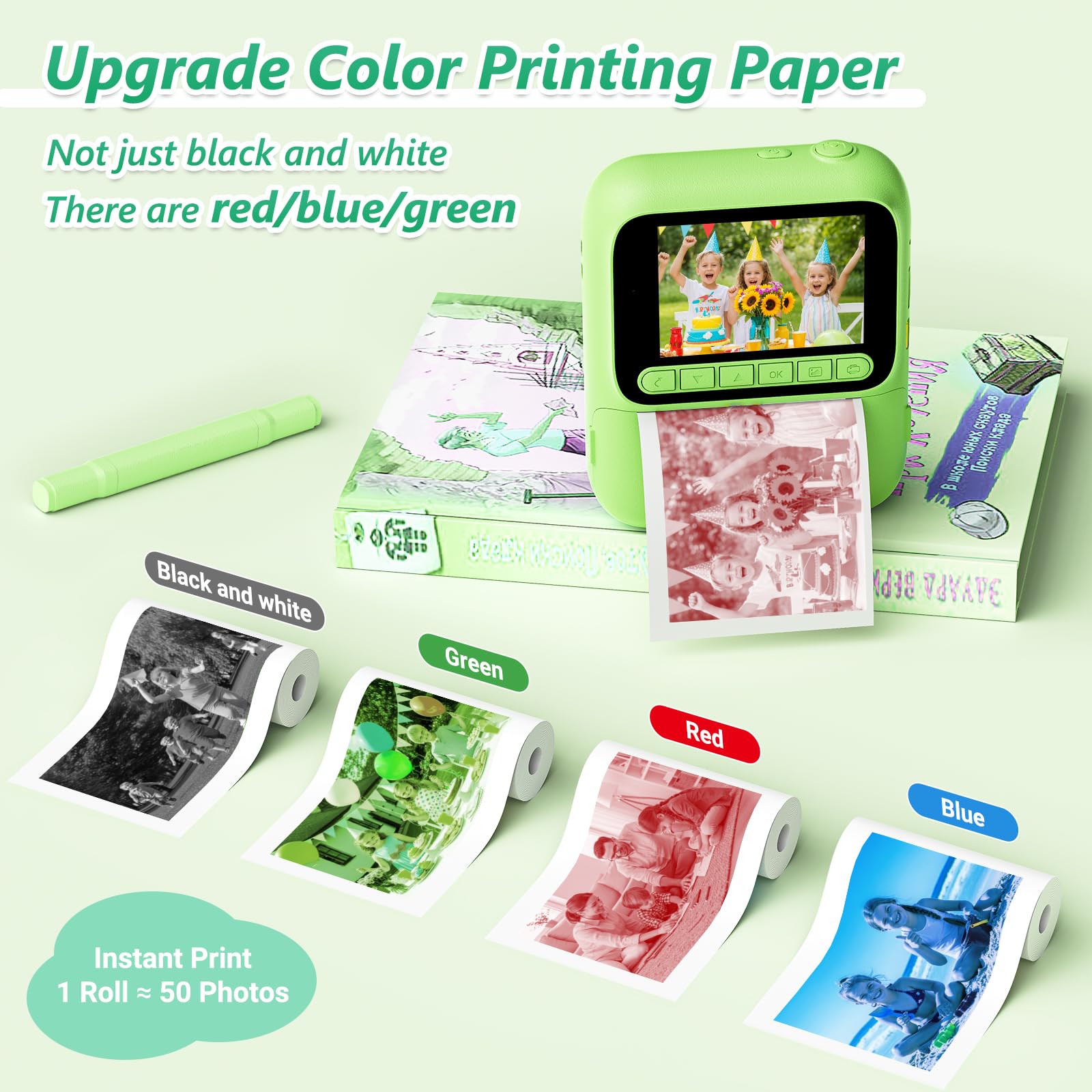 Sofortbildkamera für Kinder,1080P Kinderkamera mit 5 Rollen Druckpapier,32GB-Karte und Farbstiften,Tragbare Digitalkamera für Jungen und Mädchen,Geschenke für Kinder im Alter 3–14 Jahren (Grün)