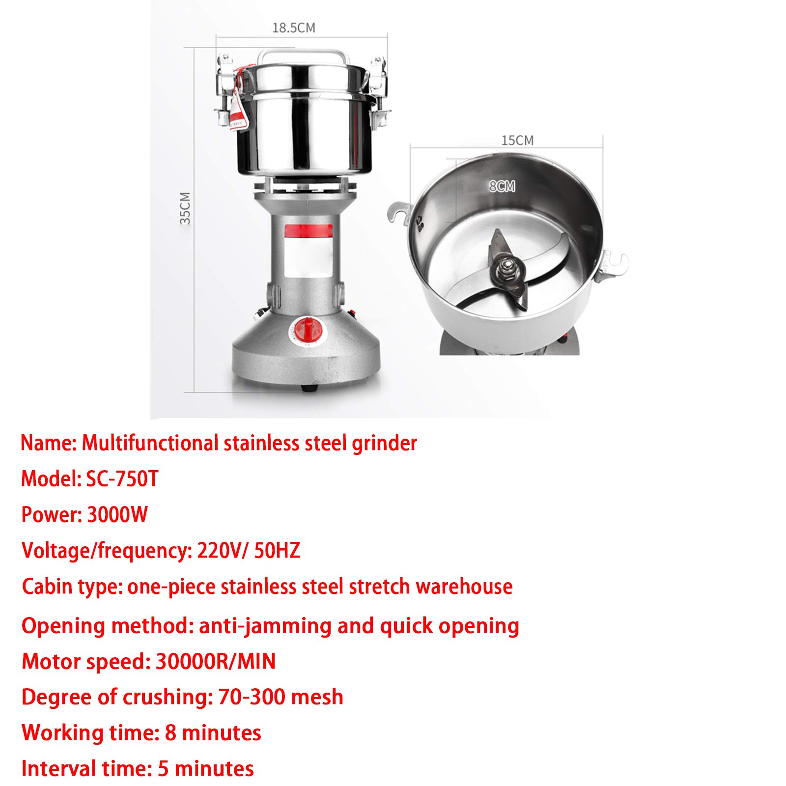 750 G Macinacereali Elettrico 3000 W Macina Erbe 70-300 Mesh Macina Spezie per Uso Domestico ad Altissima velocità Adatto per Famiglie Cliniche Farmacie Cinesi Mulini Ristoranti