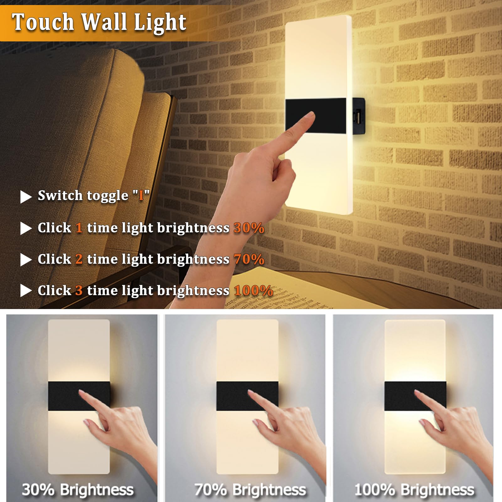 VOMI Applique Murale à Batterie, LED Rechargeable USB Lampe Murale à Piles avec Interrupteur, Lampe de Chevet Chambre Lampe Magnétique Sans Fil Éclairage Mural Tactile Dimmable 3 Luminosité, 3000K
