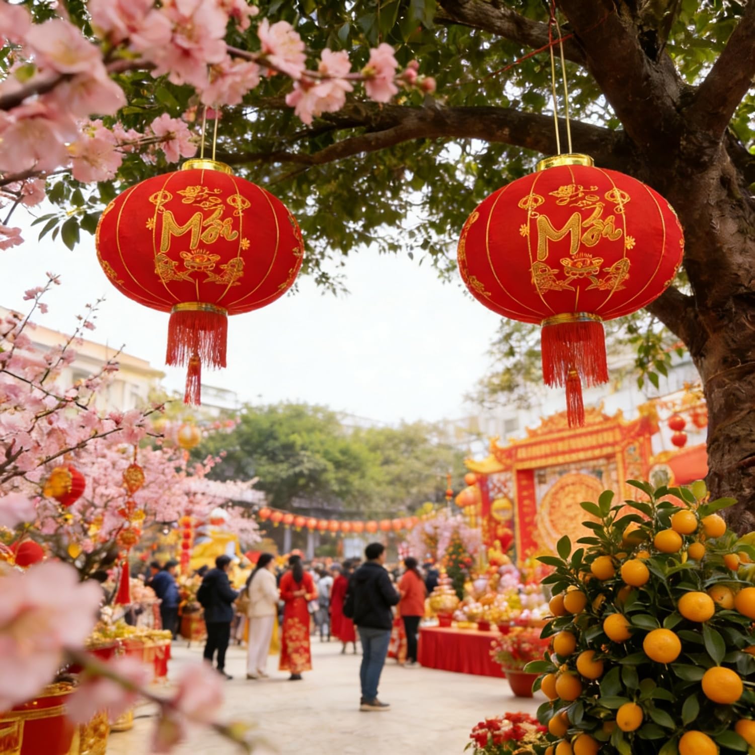 KYMY Vietnamese New Year Red Hanging Lanterns – Set of 2 Traditional Tết Spring Festival Cloth Fabric Lanterns with Gold Embroidery & Tassels, 100# Lunar New Year Indoor Outdoor Door Porch Decor