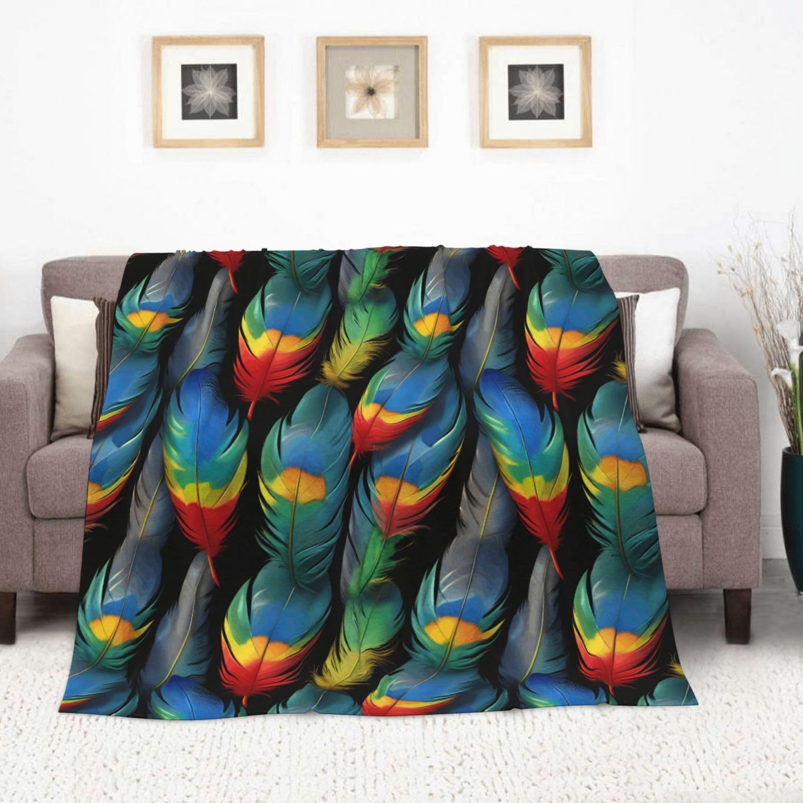 Gemütliche Winter-Flanelldecke, 70 x 80 cm, Papageienfeder-Druck, Überwurf für Sofa, Bett, Camping, weich, warm, perfekt für Heimdekoration und Außenbereich