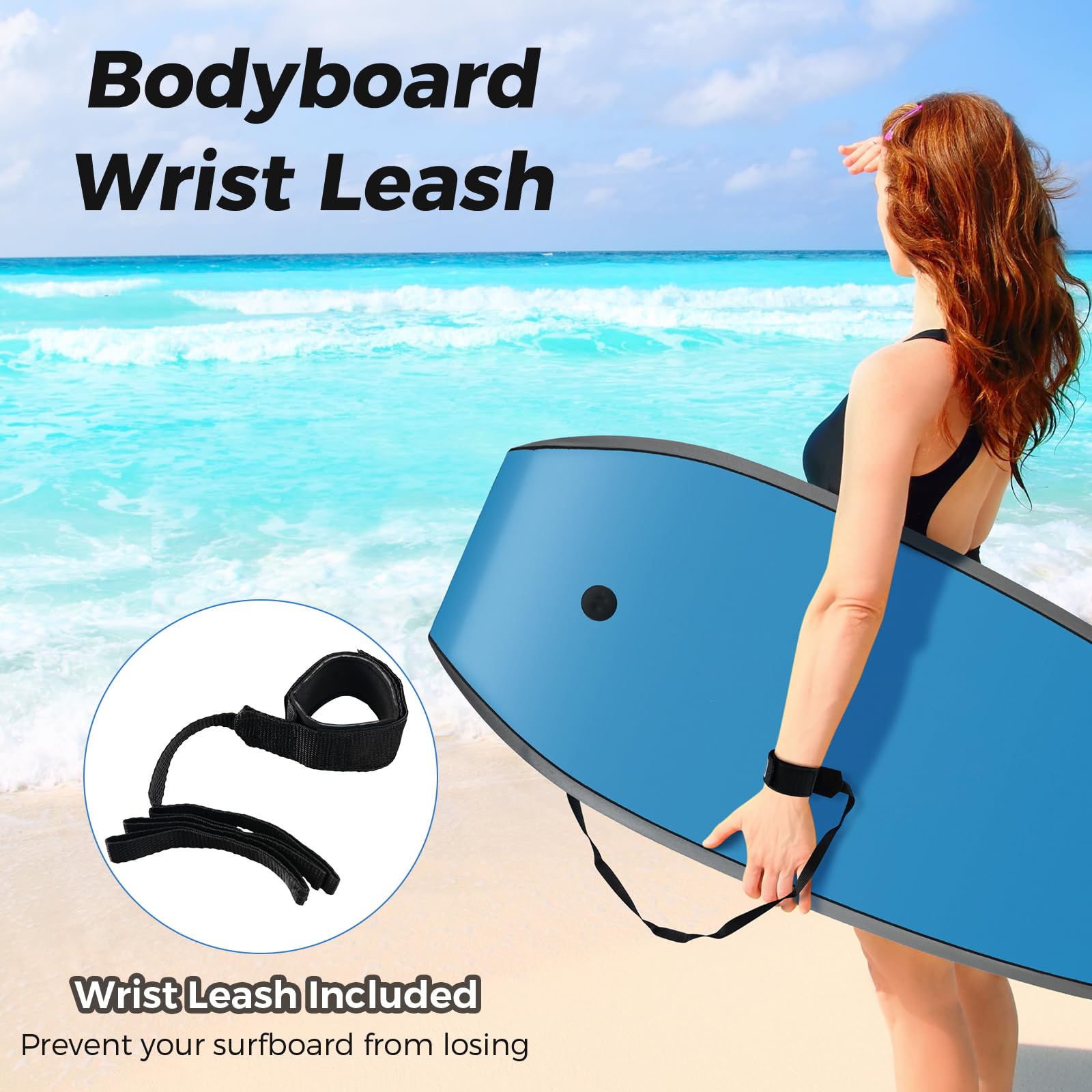 HOMASIS Tavola da Surf Mezzaluna, Tavoletta Mare in HDPE, XPE e EPS con Corda per il Polso, Bodyboard da Nuoto per Adulti e Bambini, Adatta a 6+ Anni, Portata 59 kg, 84 x 46 x 5 cm, Blu