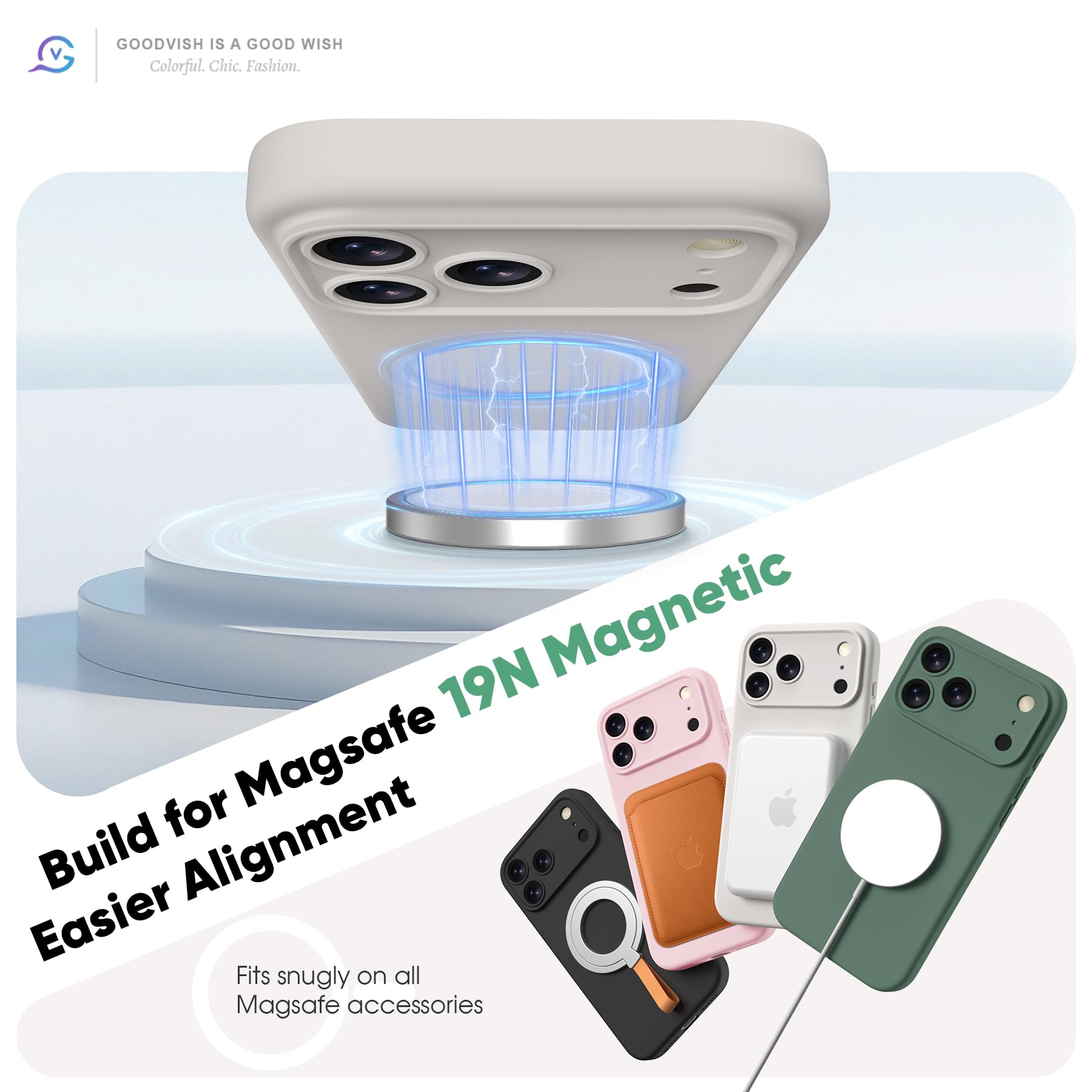 GOODVISH Magnetica Silicone Cover per iPhone 17 Pro Max 6.9", Custodia con 2x Vetro Temperato [Pulsante Controllo Fotocamera] 360° Protezione Anticaduta Case per Antiurto Resistente, Grigio Pietra