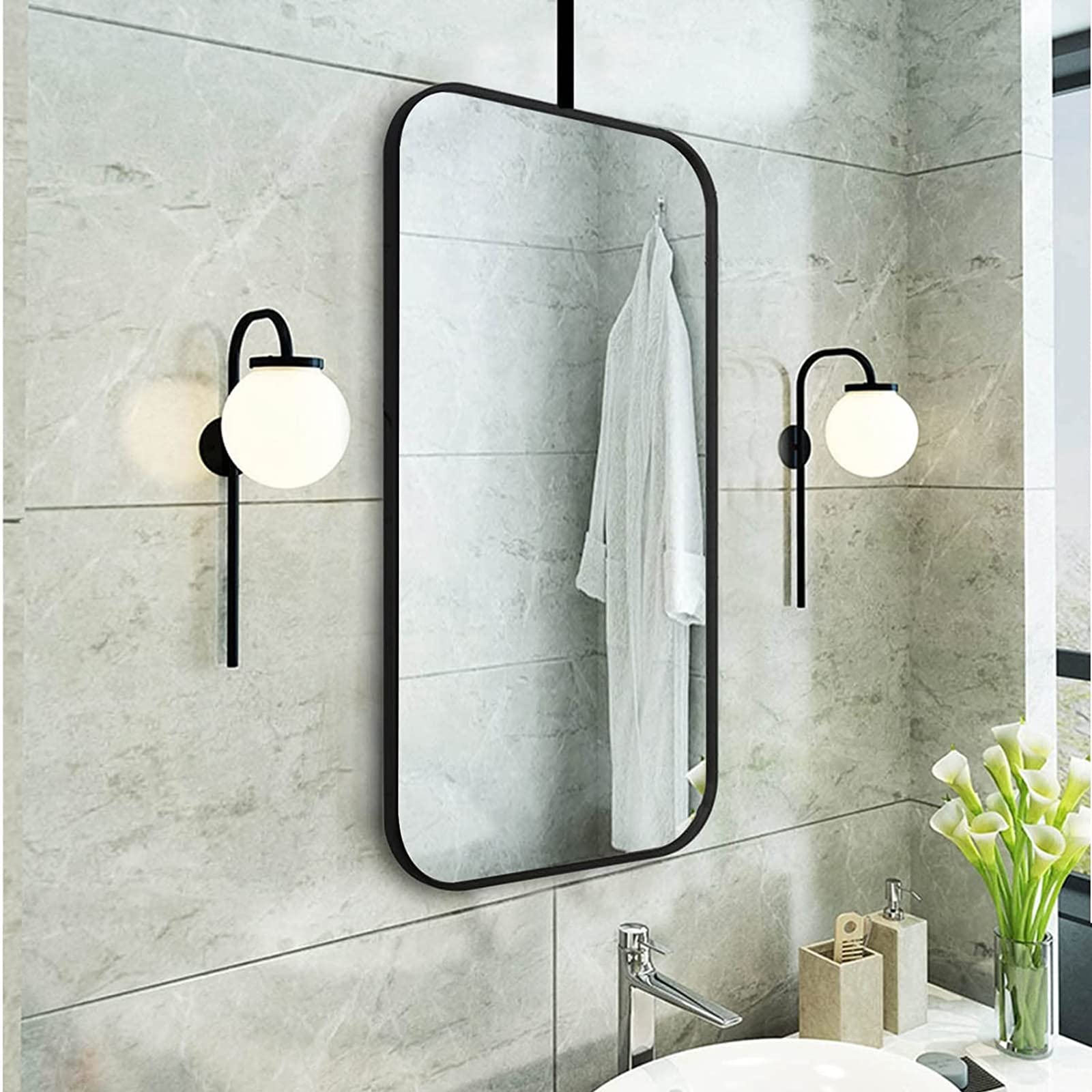 Miroir Carré et Rectangulaire Noir 40x70cm avec Cadre Métal pour Salle de Bain