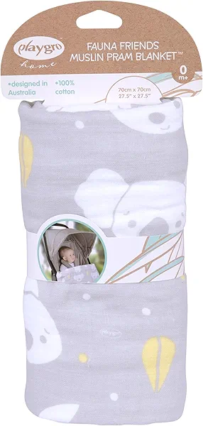 Playgro Fauna Friends Muslin Pram Blanket - Soft and Breathable 100% Organic Cotton Baby Blanket - Muslin Swaddle Blankets for Boys and Girls - Convenient 70x70cm Size