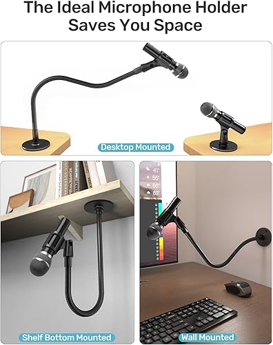 Miniatura 2 de Soporte de micrófono de cuello de cisne de 19 pulgadas, montaje en escritorio y pared, soporte de brazo de micrófono flexible resistente con base de