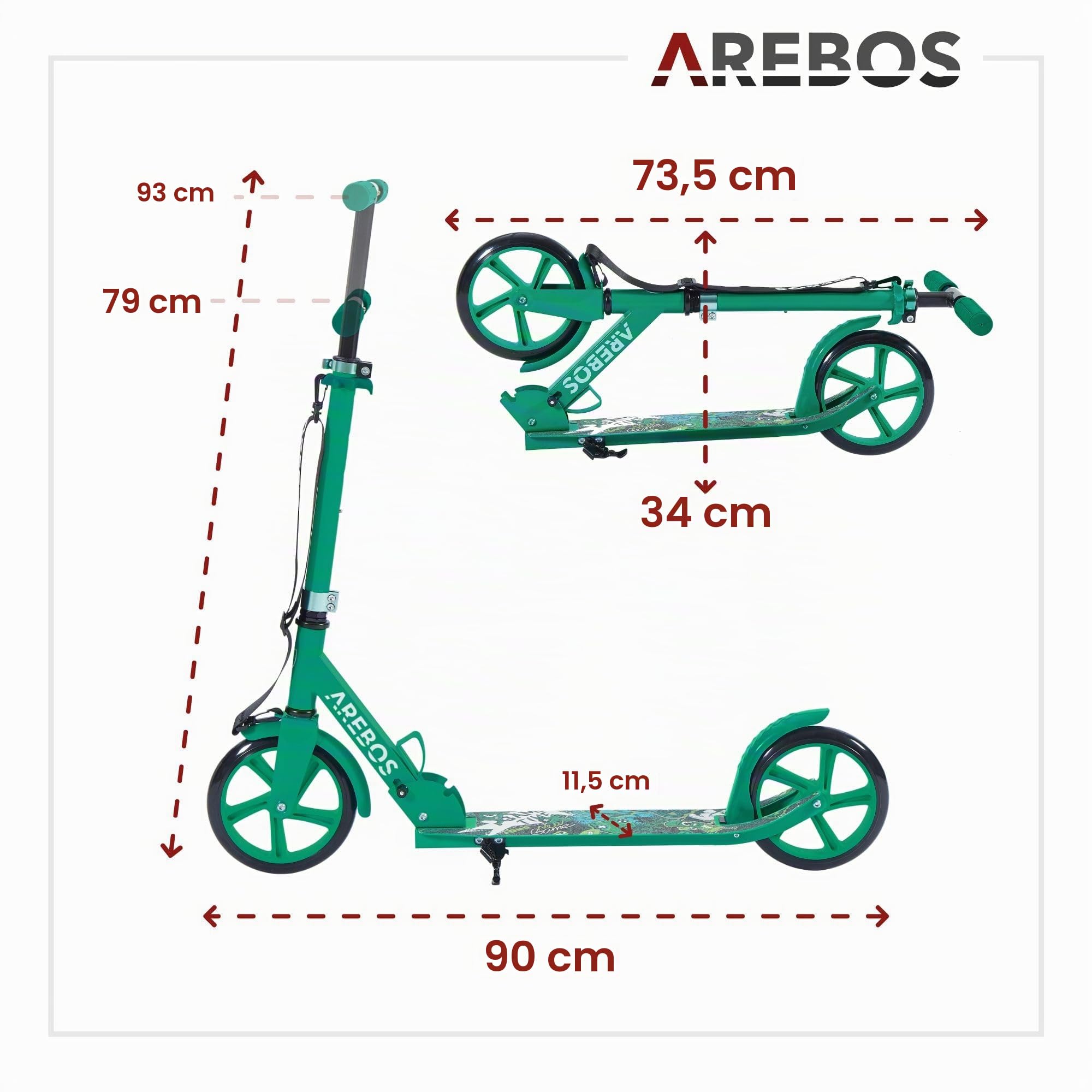 Arebos City Scooter Patinete a Pedales Patinete Regulable en Altura | Plegable | Incl. Correa de Transporte | Ruedas XXL | Freno de Pedal |para niños y Adultos |100kg de Capacidad de Carga