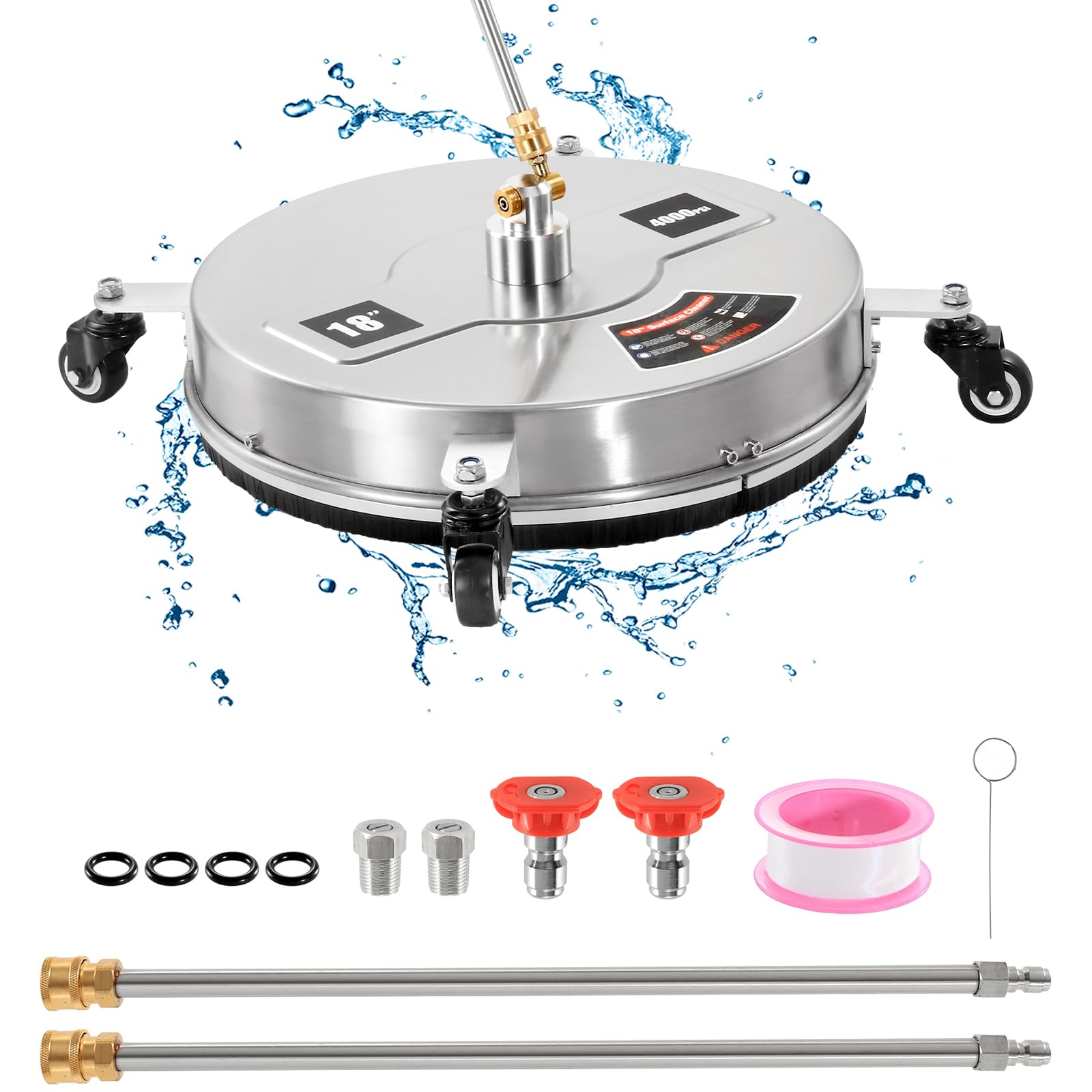18" Pressure Washer Surface Cleaner Attachment 4000Psi Power Accessories Extension Wand Quick Connect Adapter Wheels Portable for Concrete Driveway Deck Floor Outdoor Undercarriage Sidewalk Patio