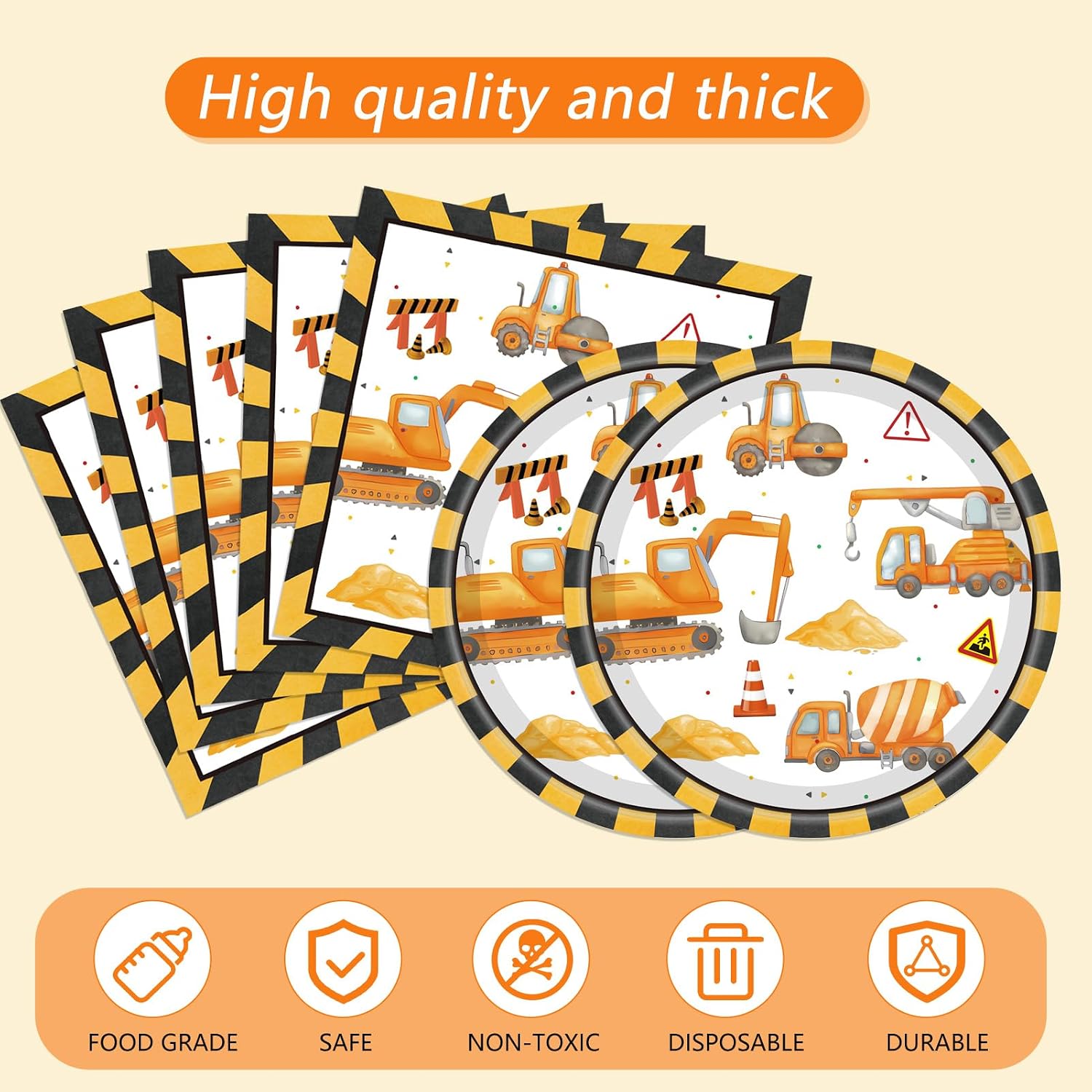Construction Birthday Party Supplies Construction Excavator Tractor Dump Digger Theme Tableware Include Paper Plates Napkins Tablecloth, for Toddler, Kids, Boys Birthday Party Decorations, Serves 20 image 4