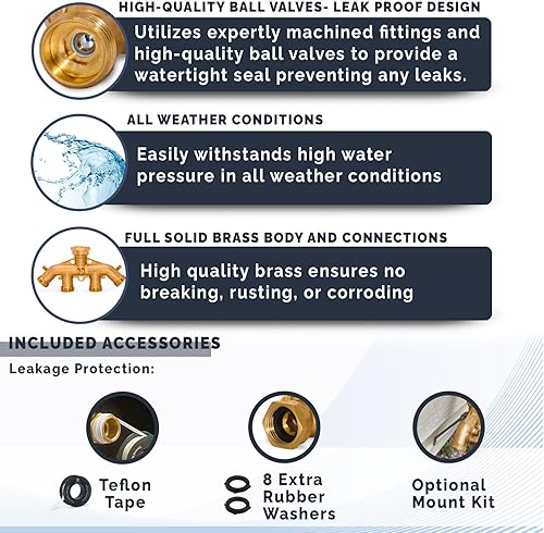 Miniatura 2 de Morvat Divisor de latón de 4 vías, conector de colector de manguera de jardín con válvulas de encendidoapagado de agarre cómodo, incluye kit de