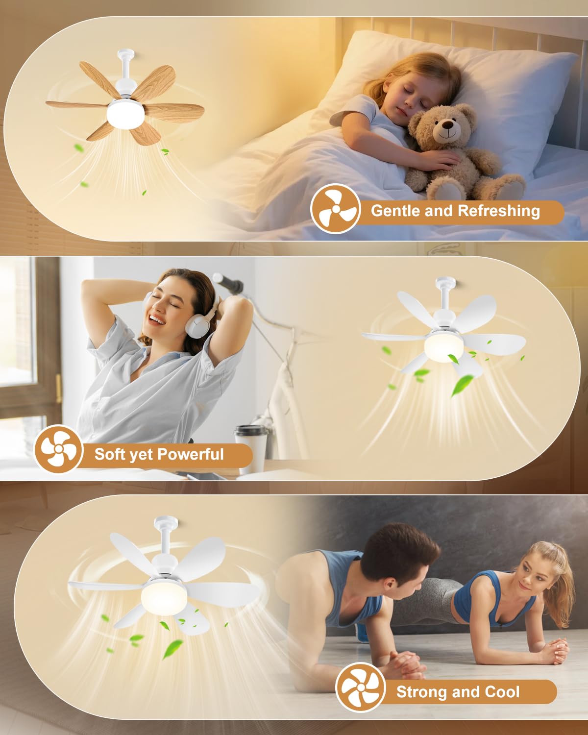 Ulikey Ventilatore da Soffitto con Luce, 12 Pale Plafoniera Soffitto (6 Bianco +6 Legno), 52CM LED Dimmerabile Ventola Soffitto, con Base E27, 3 Velocità, Silenziosa, per Soggiorno, Lamera da Letto
