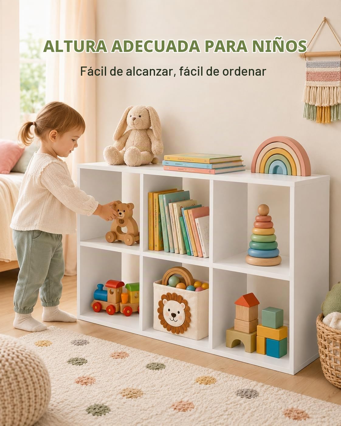 Mueble Organizador de Juguetes con 6 Cubos, Estantería Infantil Blanca para Libros, Peluches y Cajas, Almacenaje Montessori con 3 Paneles Traseros Desmontables, 92,5 x 29 x 62 cm