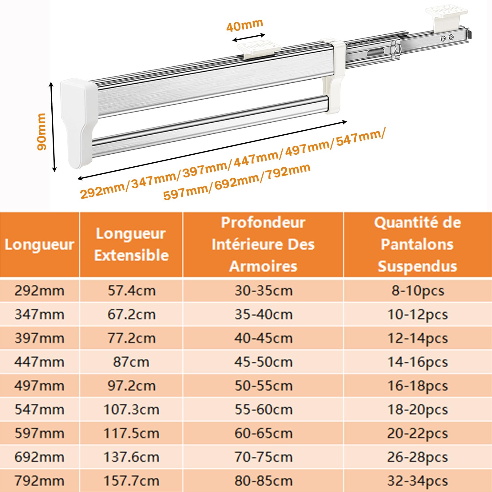 Tringle Penderie Extensible Coulissante Armoire Organisateur 792mm | Acier inoxydable robuste, charge 25kg, système push-pull coulissant, gain de place, rangement vêtements polyvalent