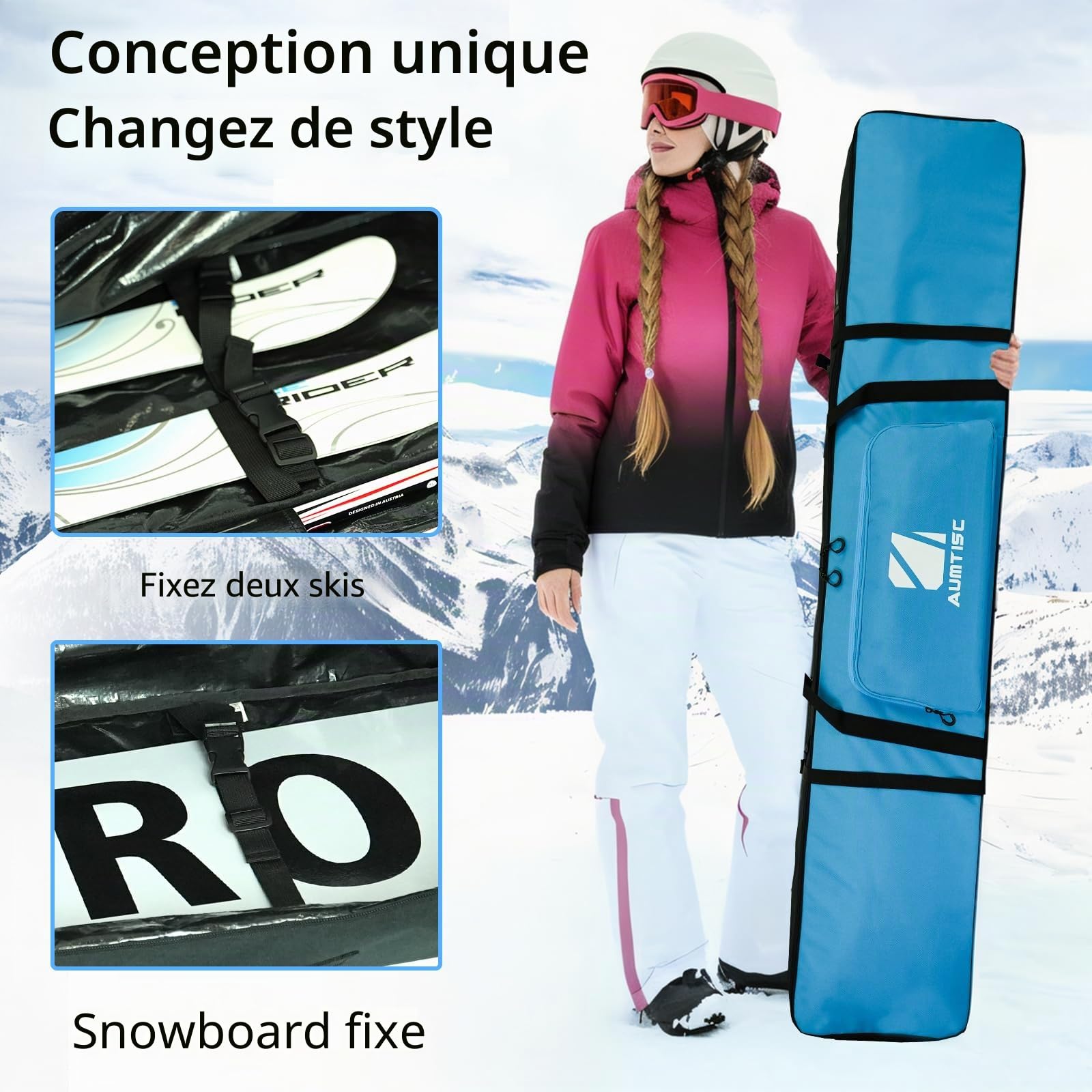 AUMTISC Sac de transport imperméable pour planche à neige, 155 cm, bleu, pour voyage en avion et sports d'hiver
