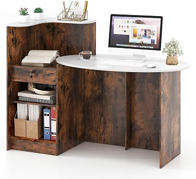Reception Desk, 54" Large Retail Checkout Counter with Lockable Drawer and Open Shelves, Wooden Front Desk Reception Counter, Oval Desktop & L Counter for Store Office Lobby Salon
