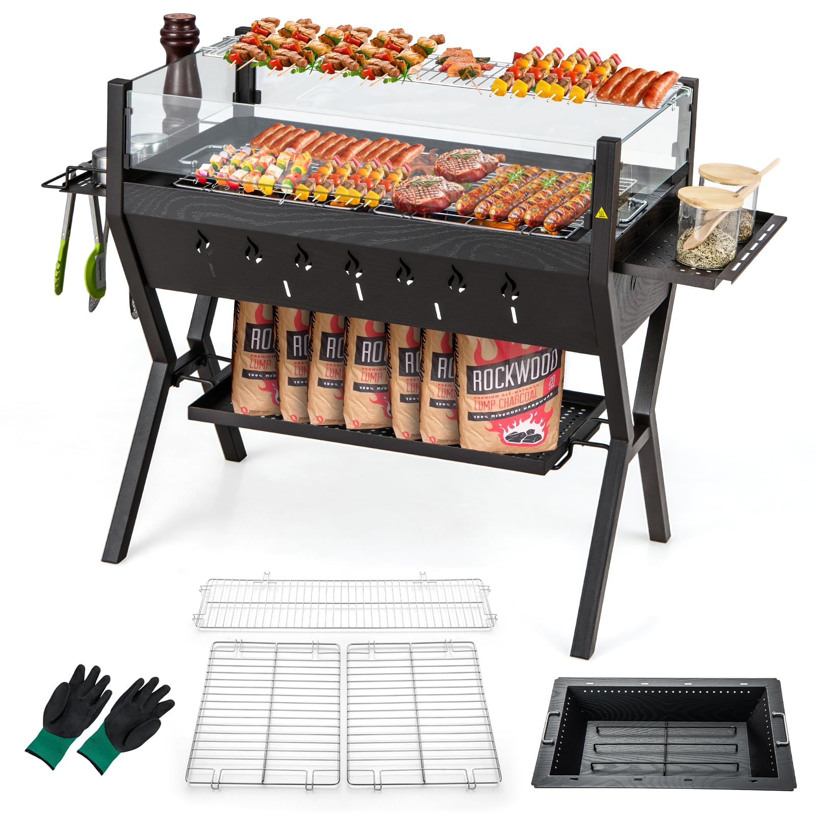 COSTWAY Barbacoa Carbón y Leña con Parrillas, Acero Inoxidable, Barbacoa Carbon con Protector Contra Viento, Estantes para Condimentos y de Almacenamiento, con Guantes
