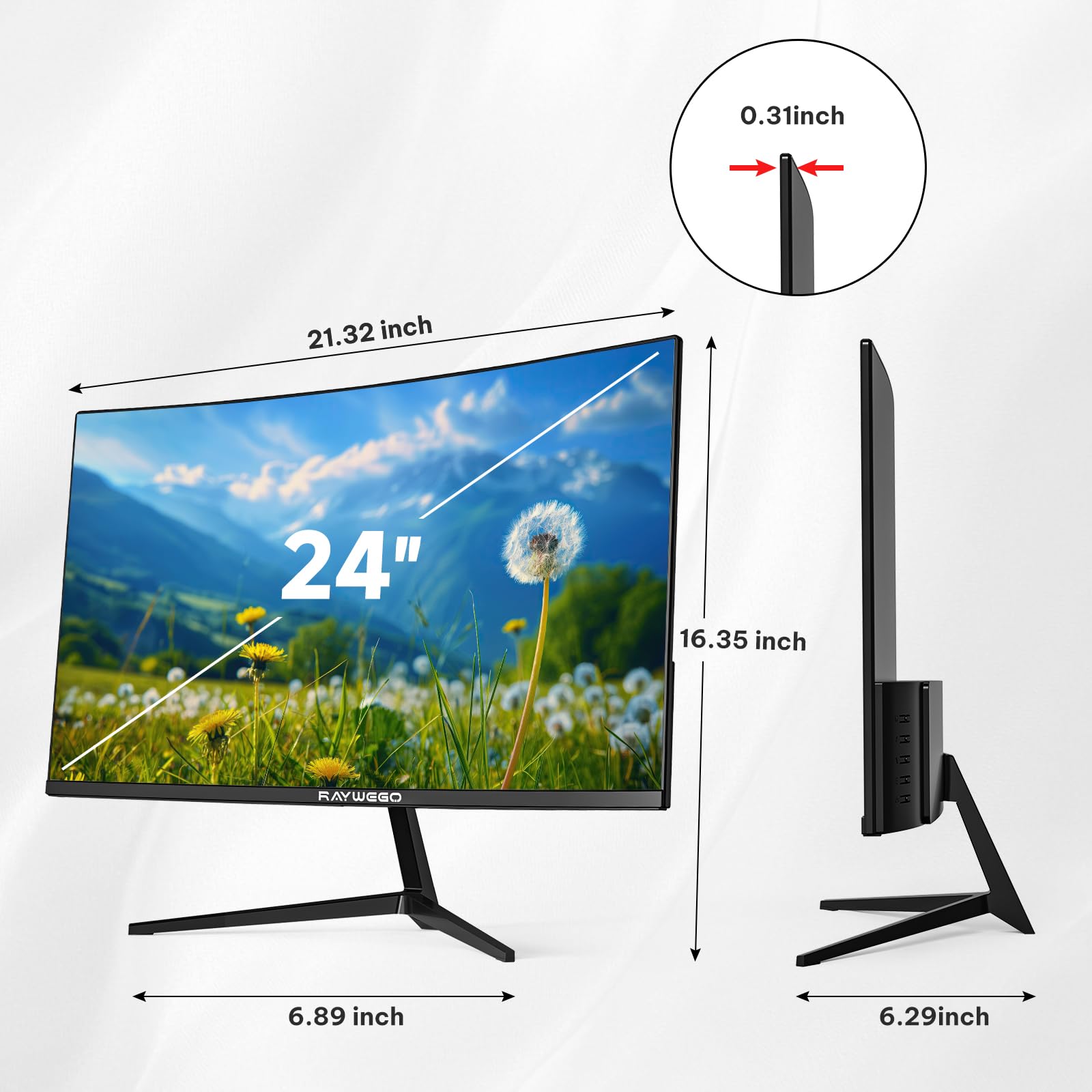 Raywego Monitor curvo 3000R da 24 pollici, 100 Hz, FHD 1920 x 1080p, frequenza di aggiornamento 16:9, proporzioni ergonomiche, inclinazione e compatibile VESA, monitor da gioco