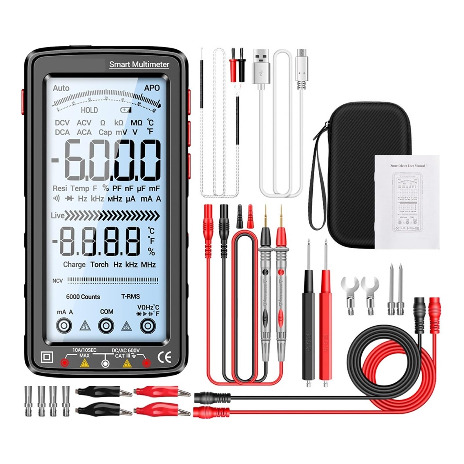 Multimetro Professionale Digitale Ricaricabile Tester Di Tensione Senza Contatto Misuratore AC/DC Corrente For Schermo LCD Lettura Rapida Accurata Facile(681 Black pro)