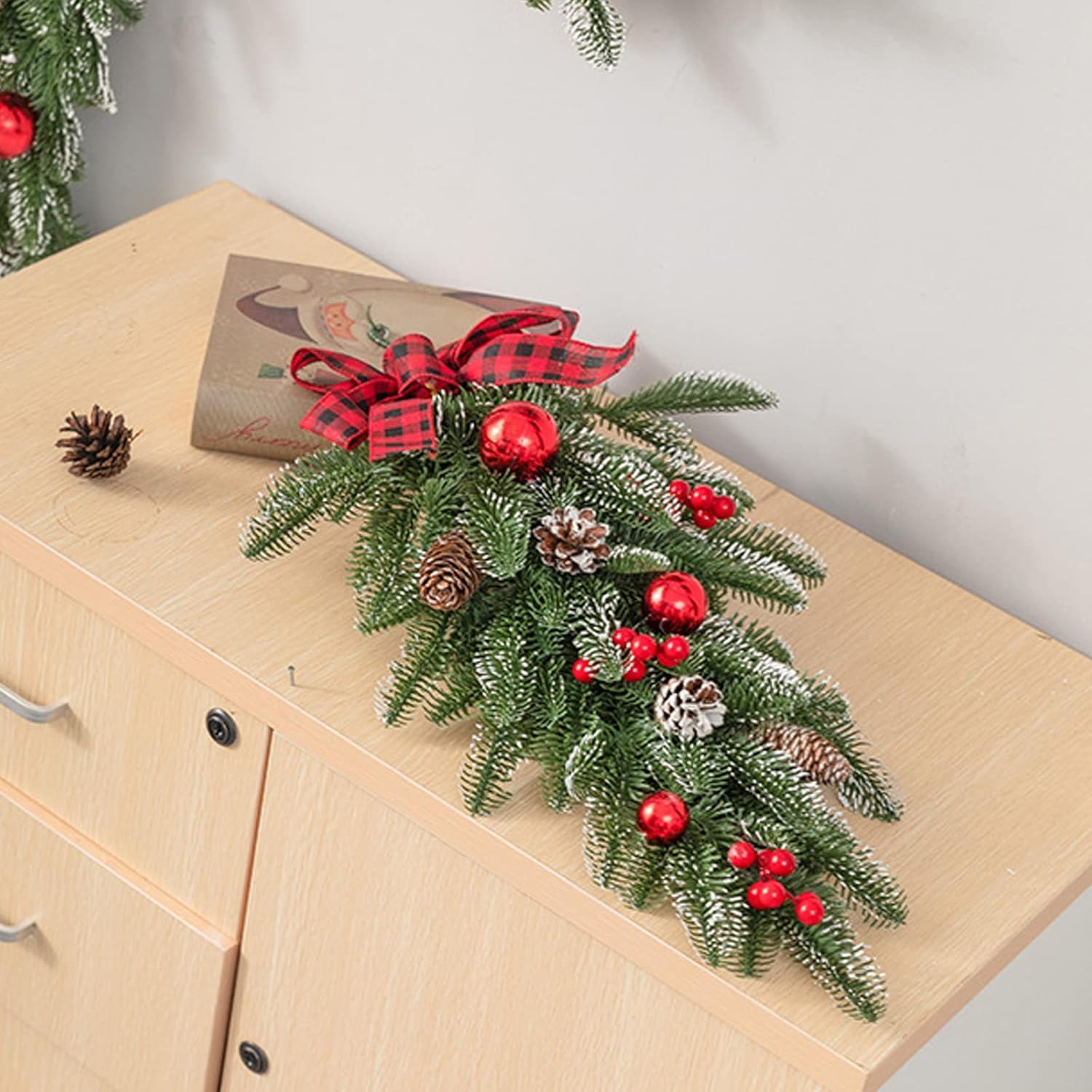 2Pcs Artificial Christmas Swag 21.6 Inch Christmas Teardrop Door Swag with Pinecones Red Berries Ribbon Bow Flocked Greenery Pine Needles Wreath for Holiday Wall Door Lintel Festival Winter Decor(#1)