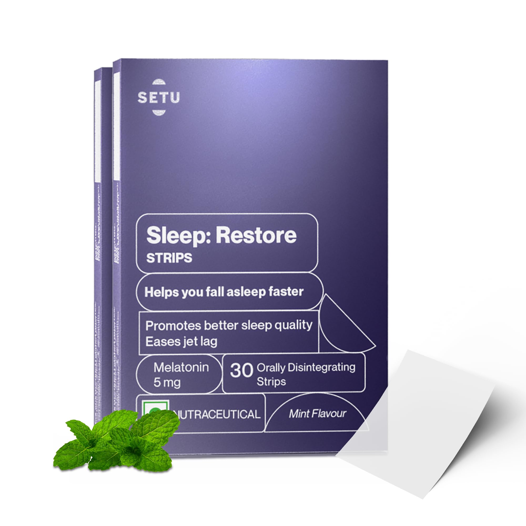 Setu Sleep Restore Melatonin 5mg - 30 Orally Dissolving Strips (Pack of 2) | Plant Based 5 mg Melatonin | Promotes Relaxation & Sleep, Eases Jet Lag Strain, Non-Habit Forming | Tasty Mint Flavor