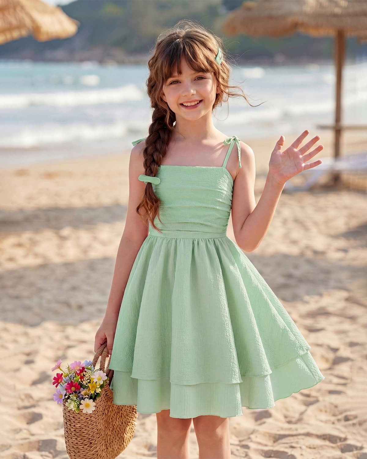 JiAmy Vestito con spalline sottili per bambine e ragazze, prendisole estivo e primaverile, casual, da spiaggia, per adolescenti, abito da ballo per 7-12 anni