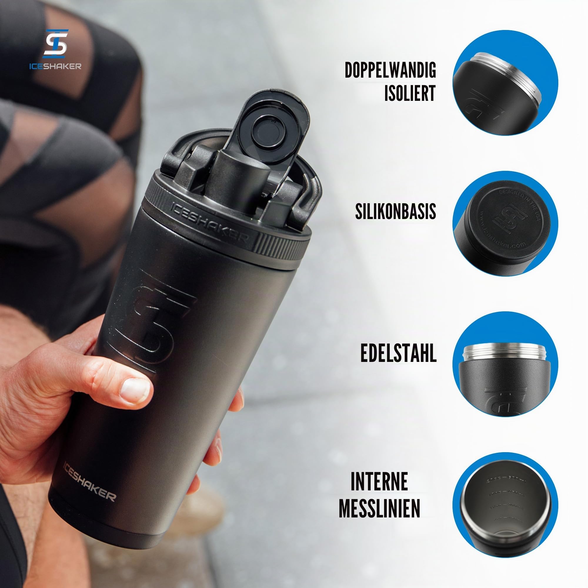Ice Shaker Edelstahl Isolierte Wasserflasche Protein Mischbecher - Hält Eis für 30 + Stunden, wie auf Shark Tank Â € | 26oz Black - Schwarz Bands