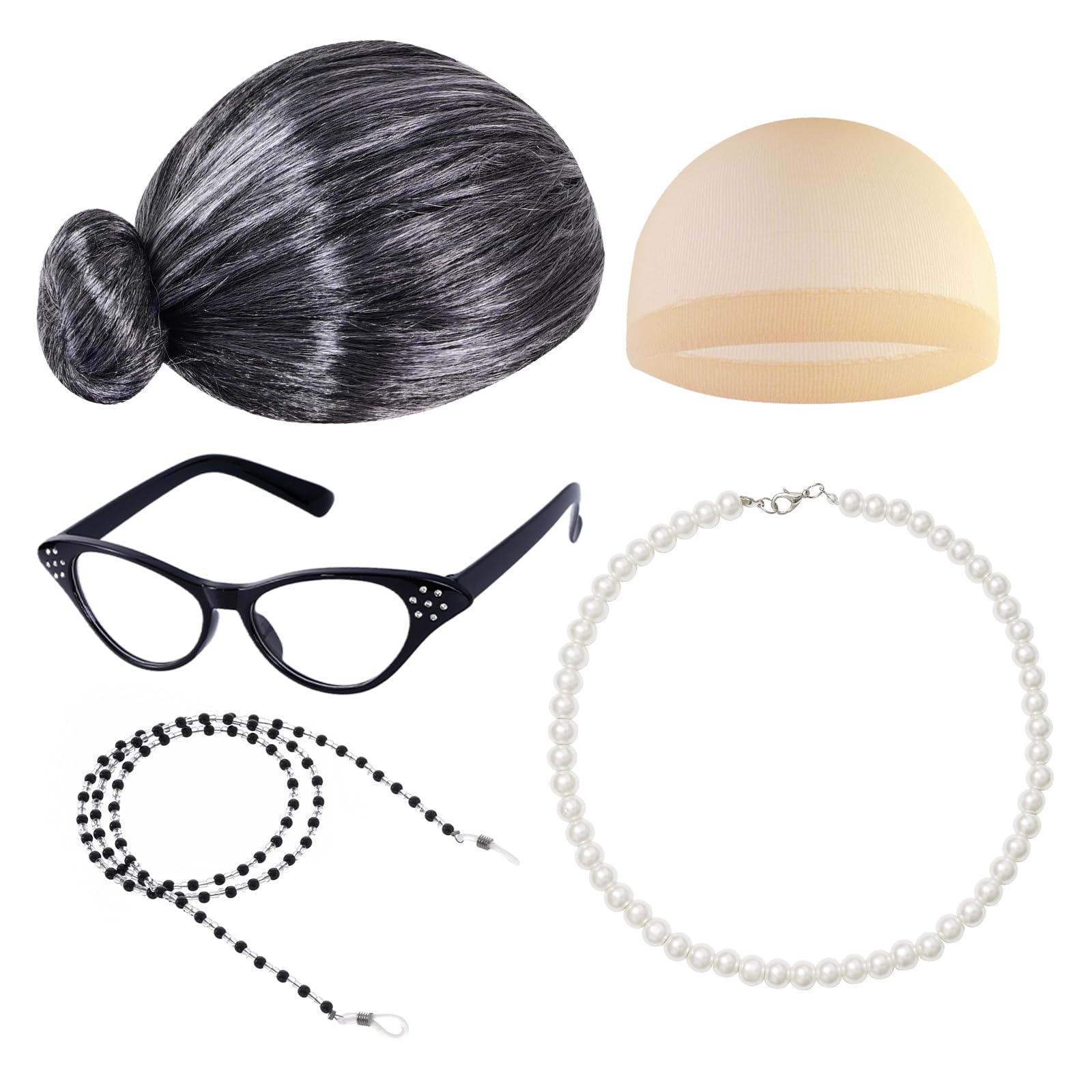 Haakong Old Lady Costume Set Granma Wig Granny Glasses Eyeglass Chains Faux Pearl Bead Necklace for Halloween Party Cosplay