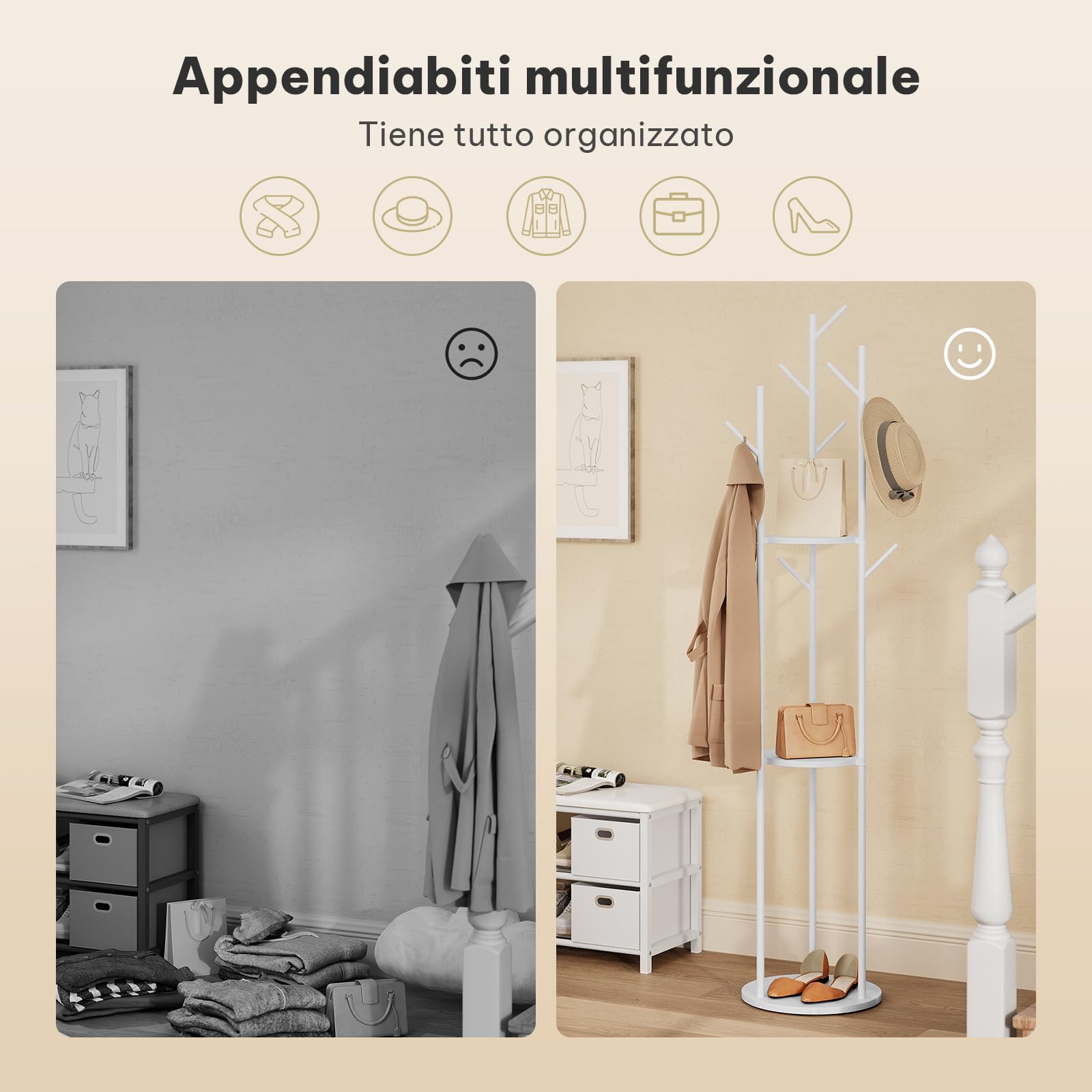 eSituro Appendiabiti, Porta Abiti da Terra a Forma di Albero, con 9 Ganci e 3 Ripiani, Appendiabiti in Metallo con Base in Marmo per Corridoio/Camera da Letto/Ufficio, Bianco