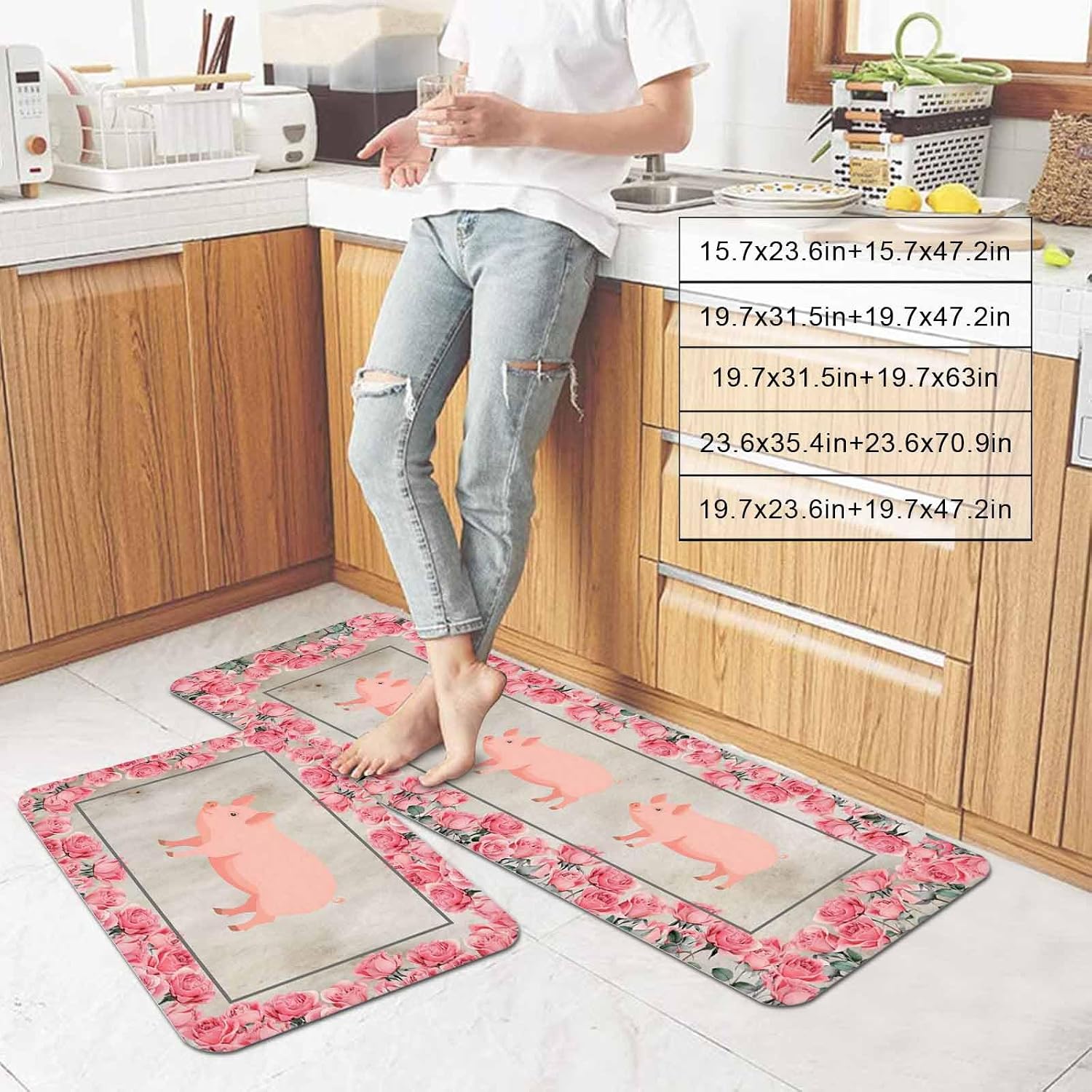 Farmhouse Pig Kitchen Mat Set 2 Pieces Pink Rose Wreath Rustic Country Beige Marble Texture Non Slip Kitchen Rugs Washable Runner Rug Mats for Floor Sink Laundry Office 19.7" x 31.5"+19.7" x 47.2"