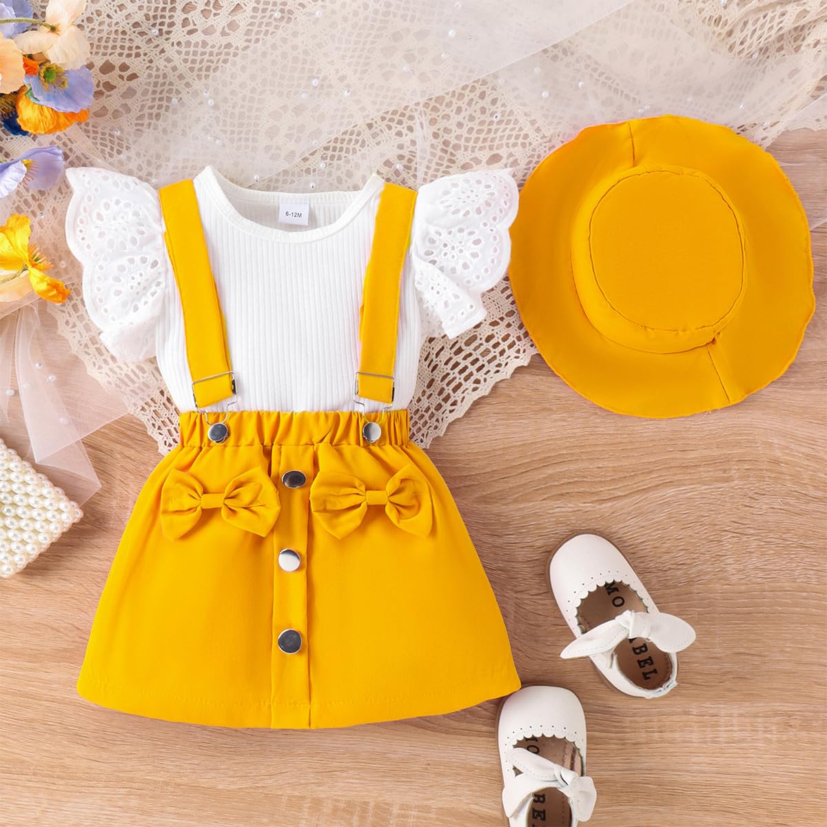 Kleinkind Baby Mädchen Rüschen Hosenschlitz Kurzarm Geripptes Oberteil + Schleife Strapsrock Overall Kleid + Mütze Kleidungsset Outfits