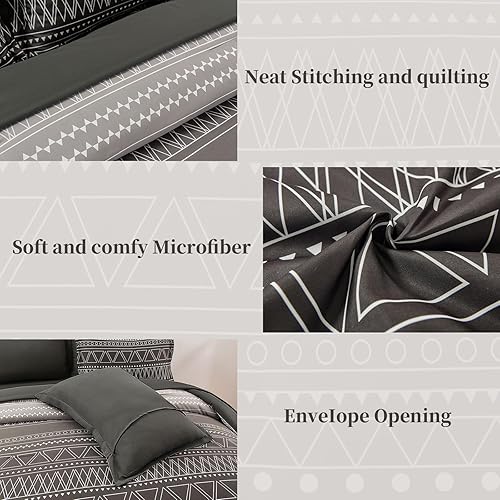 Miniatura 6 de WONGS BEDDING Juego de edredón bohemio de 7 piezas tamaño King, color negro y gris, a rayas, degradado, juego de ropa de cama en una bolsa, para