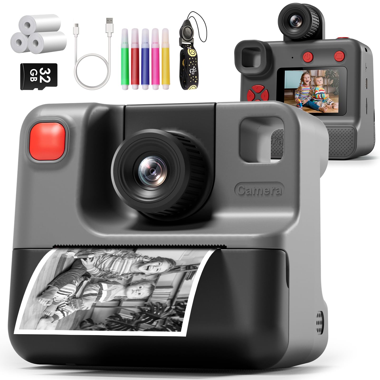 Instant Print Camera for Kids, 1080P Kids Instant Cameras,HD Digital Video Cameras Toddler 3 Print Paper & 32G Card,Christams Birthday Gifts for Girls Boys Age 3-12 (Black)
