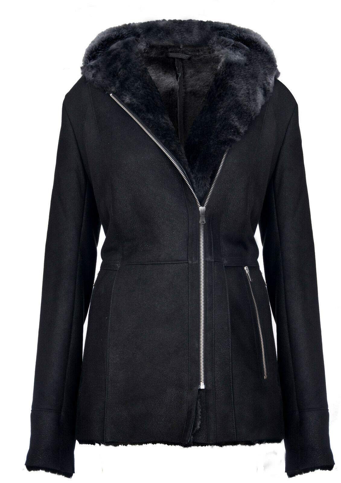 Infinity Leather Women's Black Elegant Snowtip Hooded Suede Merino Shearling Sheepskin Coat M