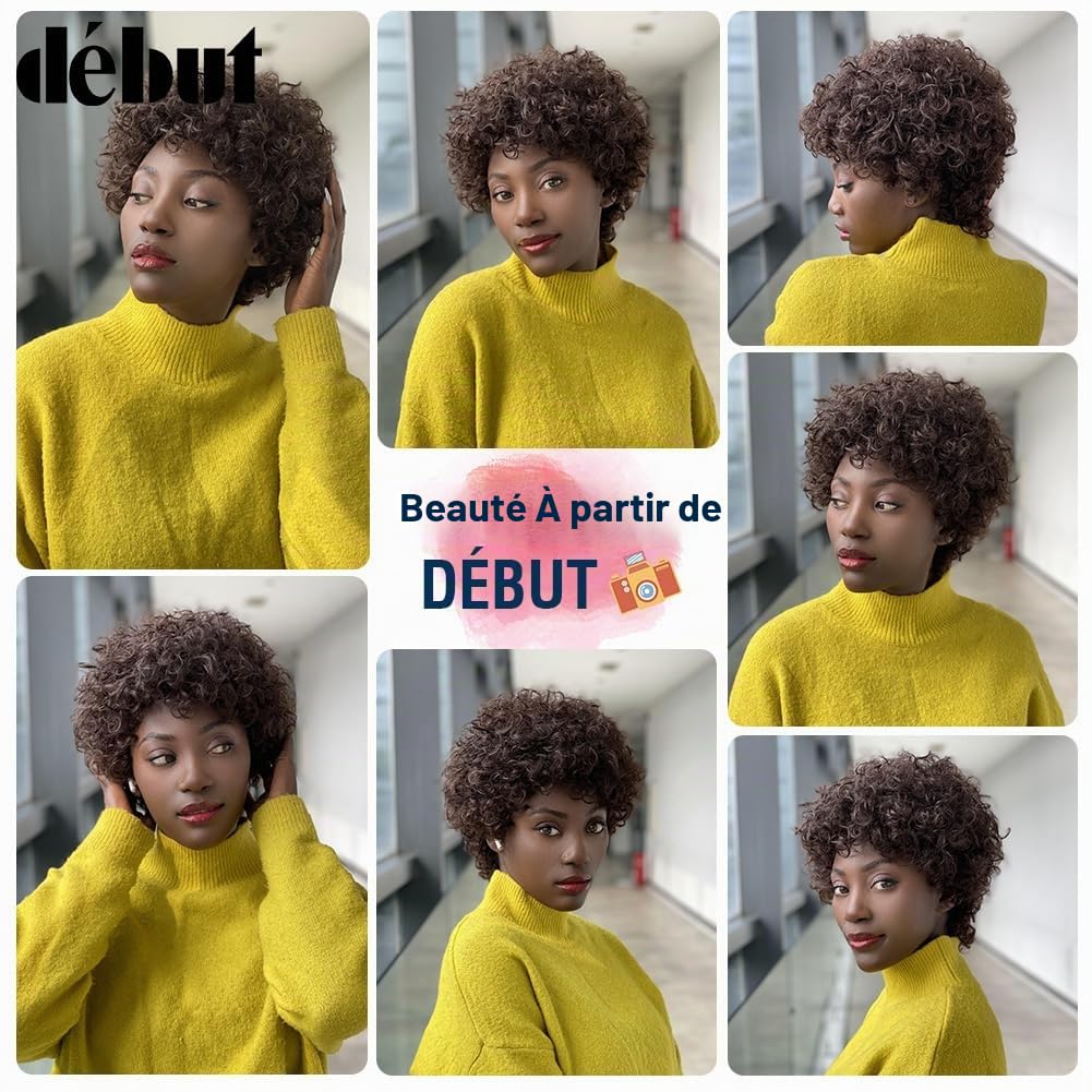 Perruque Bouclée avec 100% Cheveux Naturels - Perruque Afro Bouclée avec Coupe Pixie - Cheveux Remy Brésiliens (20 cm, 4)