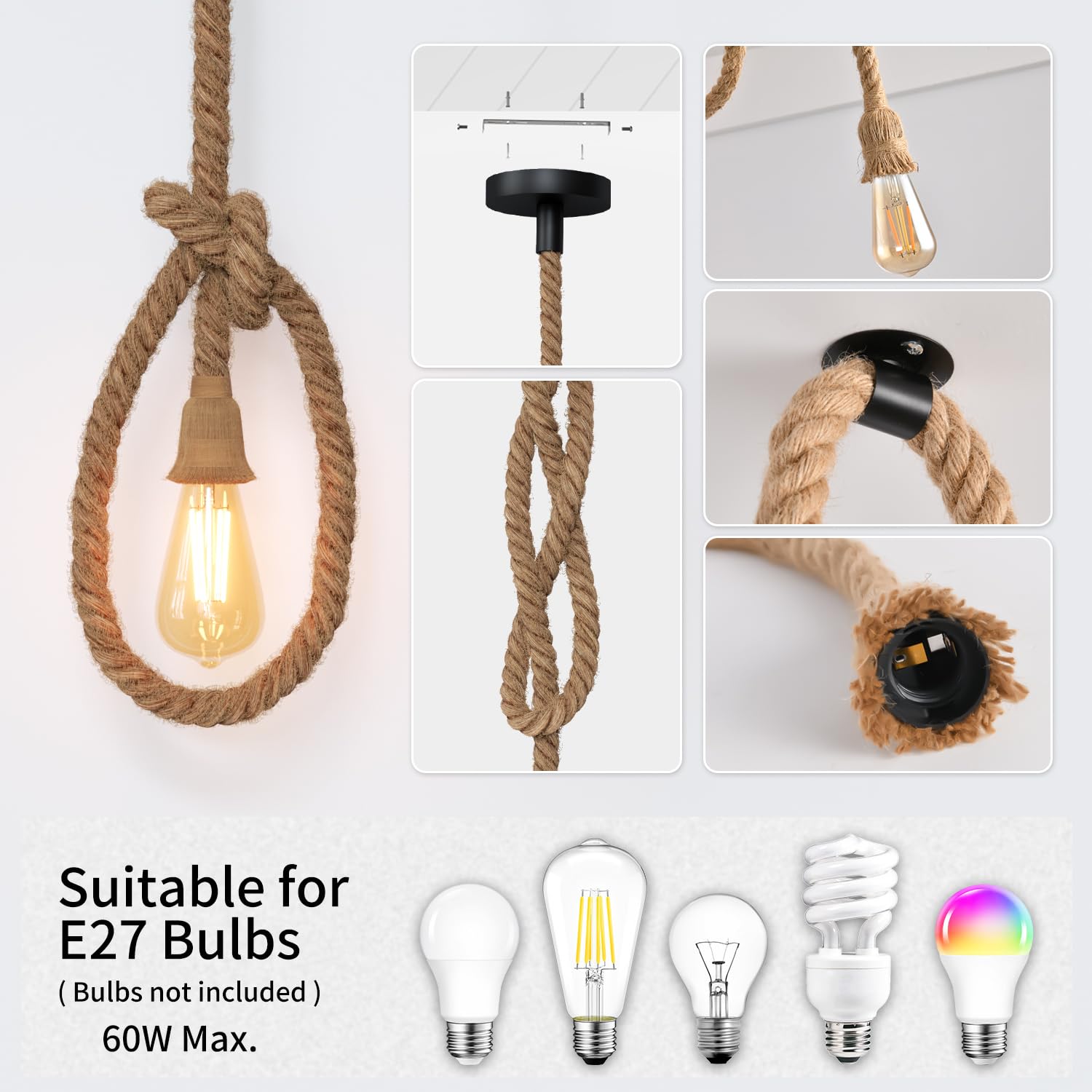 ANWIO Cable Suspension Luminaire, E27 Lustre Industriel en Corde de Chanvre Naturel, Lampe Suspendue 1 Corde, Lustre Plafond Salle à manger, Plafonnier Led Couloir, Loft, Bar