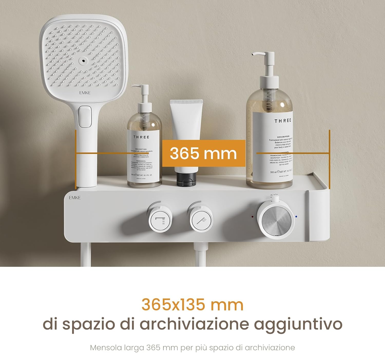 Image highlighting the dimensions of the integrated storage shelf, showing it measures 365 mm in width.