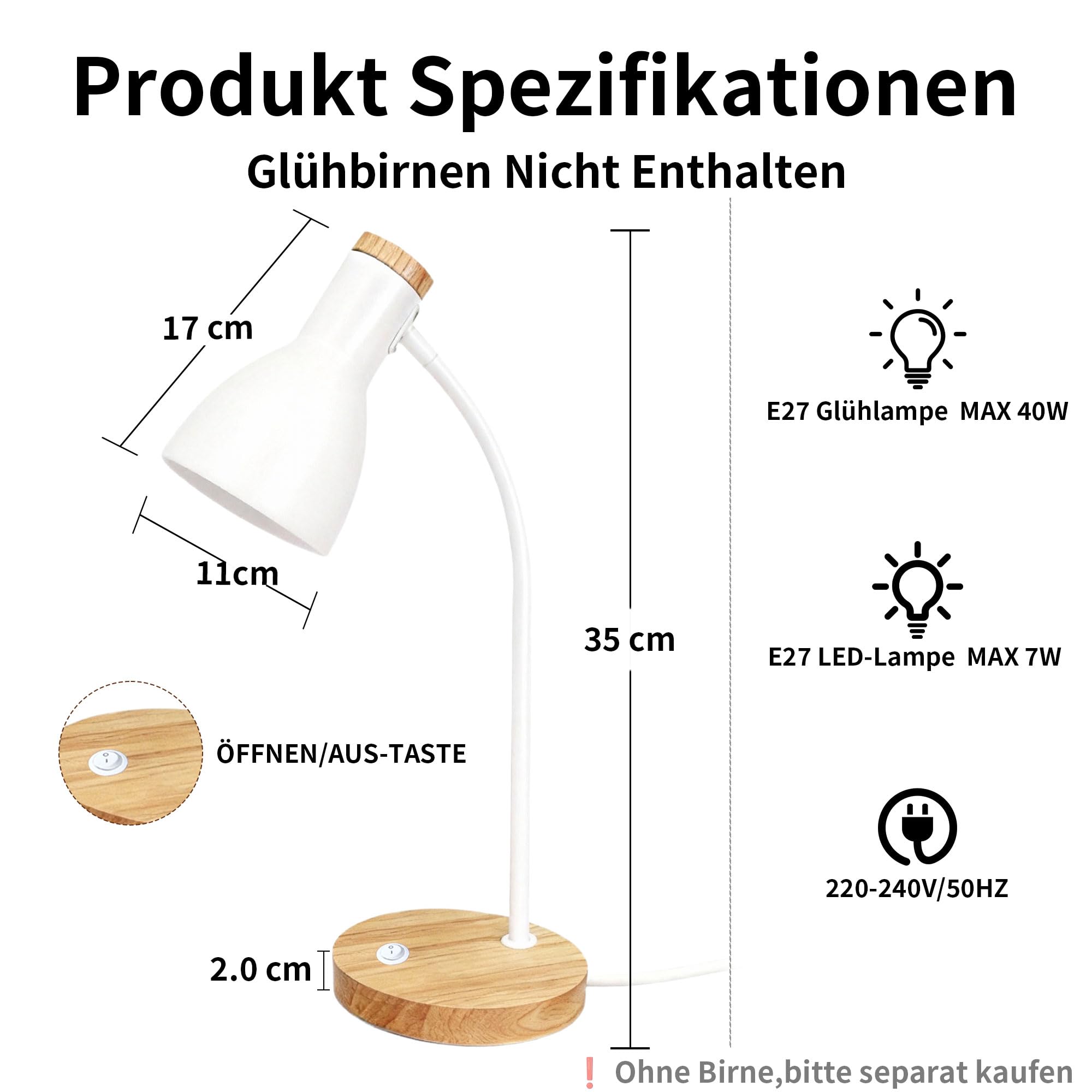Schreibtischlampe Holz Weiß – Verstellbare Tischlampe mit flexiblem Arm & stabilem Holzfuß – Ideal als Nachttischlampe, Leselampe oder Deko-Licht für Schlafzimmer, Wohnzimmer & Büro (White, 1 Pack)