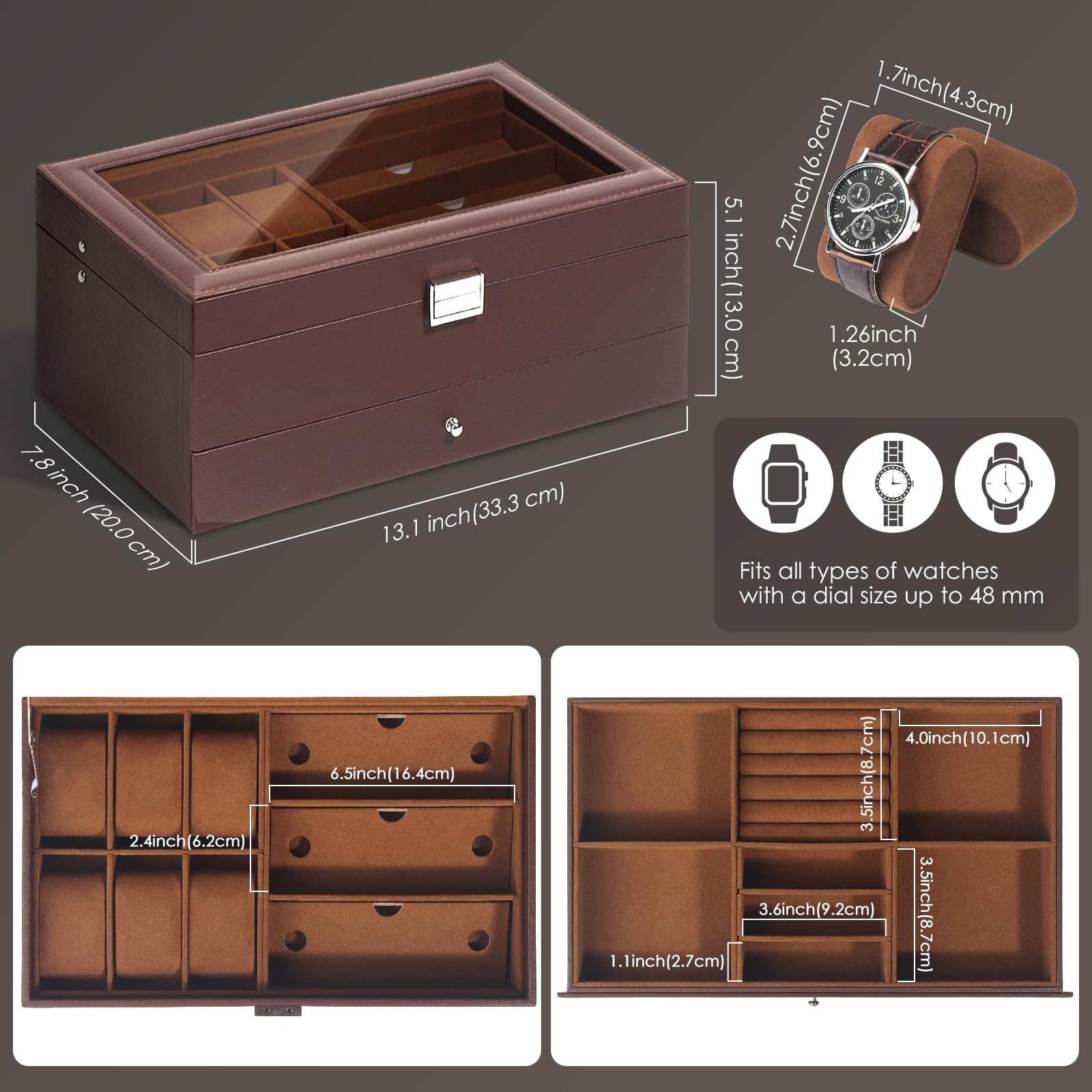 Scatola per orologi e occhiali da uomo con coperchio in vetro, 6 scomparti, 2 livelli, astuccio con serratura, organizer e idea regalo – Marrone