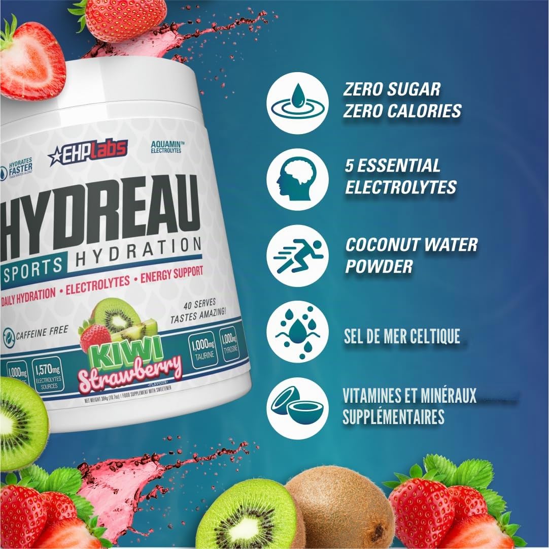 EHP Labs Hydreau Electrolytes Poudre sans sucre – Poudre d'hydratation pour endurance et énergie – Poudre d'électrolytes pour homme et femme – Électrolytes sans sucre – Fraise kiwi (40 portions)
