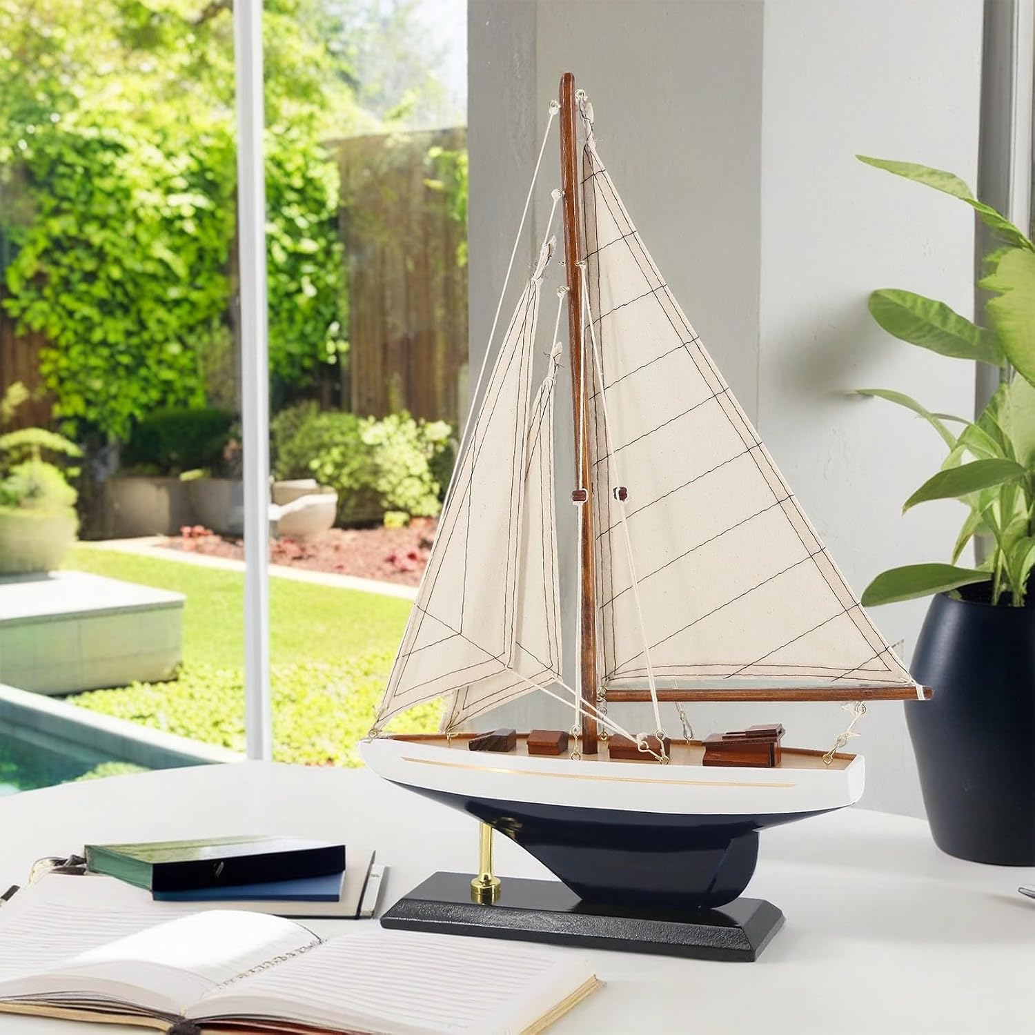 NAUTIMALL 16" Wooden Sailboat Decor Classic Columbia America's Cup Ship Model Nautical Yacht Gift for Son (SB28-BlueWhite)