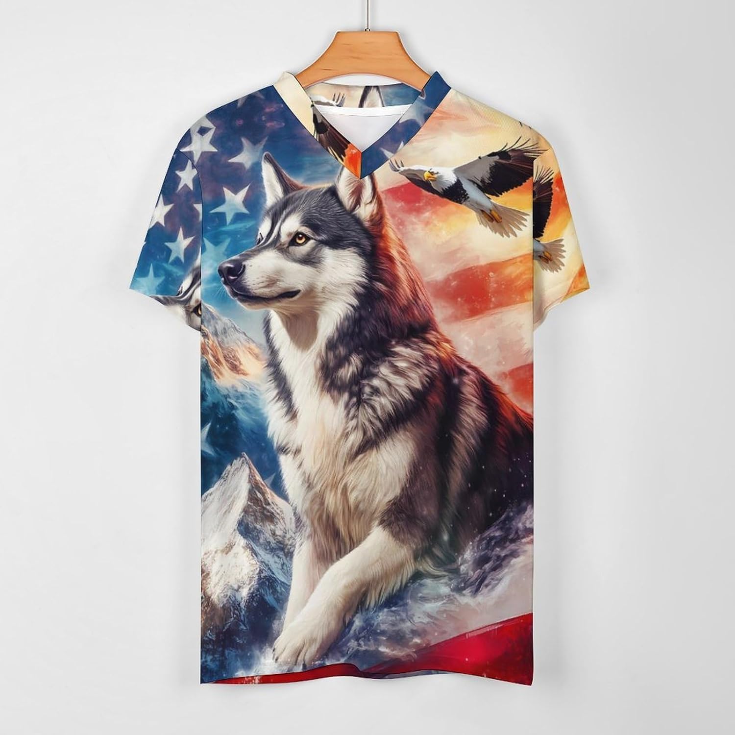 Husky Ea-gles U.S Flag Mens V Neck Soccer Jersey Quick Dry Breathable Short Sleeve T Shirt Sports Football Tops 6X-Large