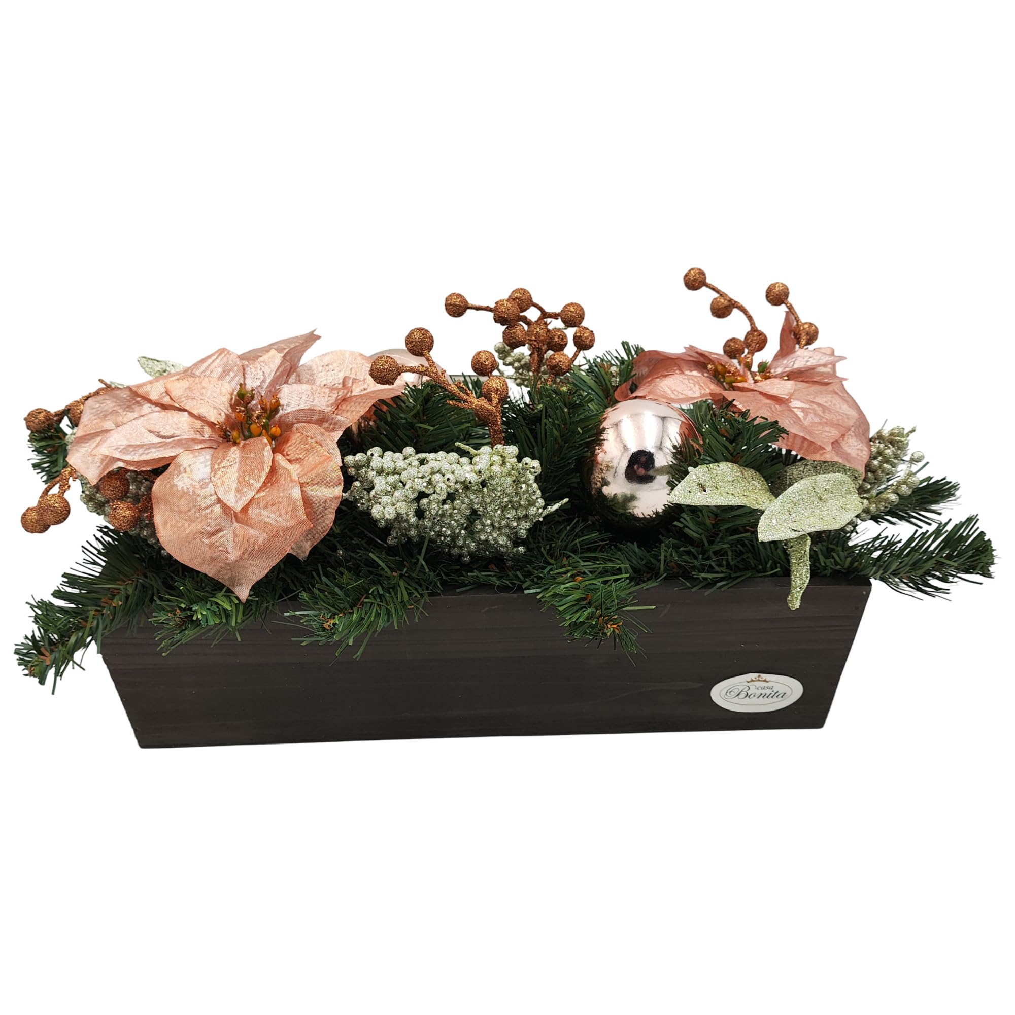 Fioriera Natalizia Con Decorazioni – 54 Cm, Abete, Palline E Fiori Oro Rosa, Resistente Alle Intemperie, Per Davanzale, Balcone, Interno/Esterno - 2