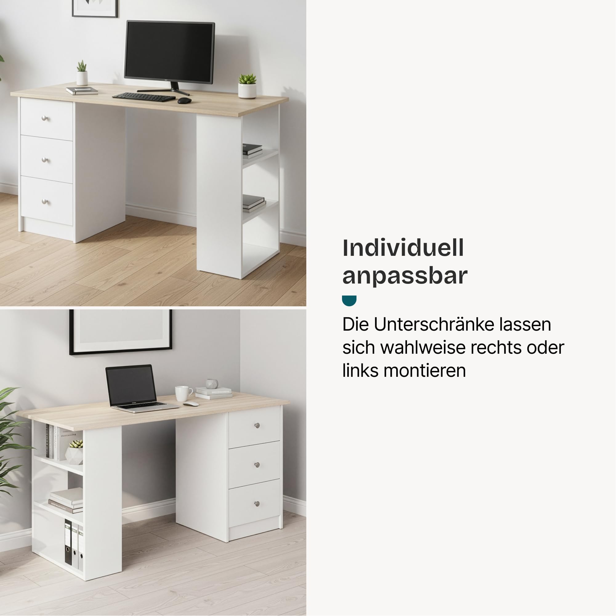 [en.casa] Schreibtisch Lemberg Computertisch 120 x 49 x 72 cm Bürotisch mit 3 Ablagefächern und 3 Schubladen Arbeitstisch Weiß/Eicheoptik