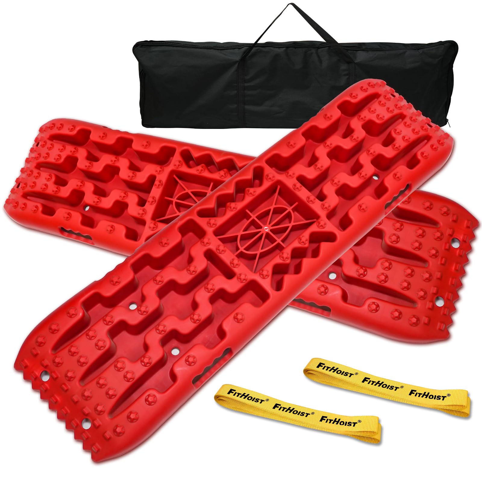 FITHOIST Traction Boards Offroad,Recovery Traction Boards with Jack Base,Offroad Accessories 4x4 for Truck Vehicle Jeep SUV,Mud, Snow,Sand,Scree with 2 straps&Storage Bag,Red