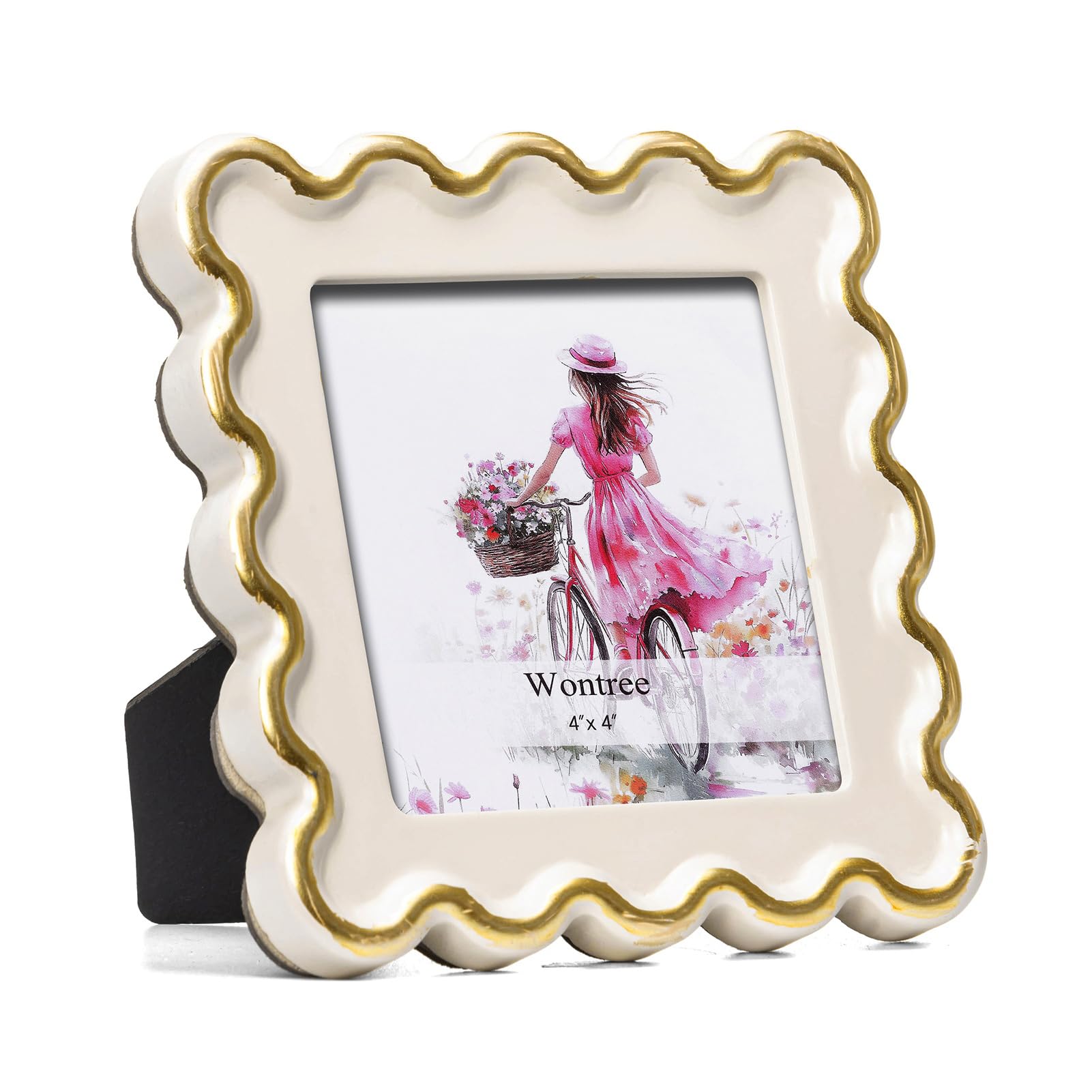 4x4 Picture Frame in Beige with Shinning Gold Wavy Edge, Resin Frame with Real Glass, Vertical and Horizontal Desk Tabletop or Wall Hanging