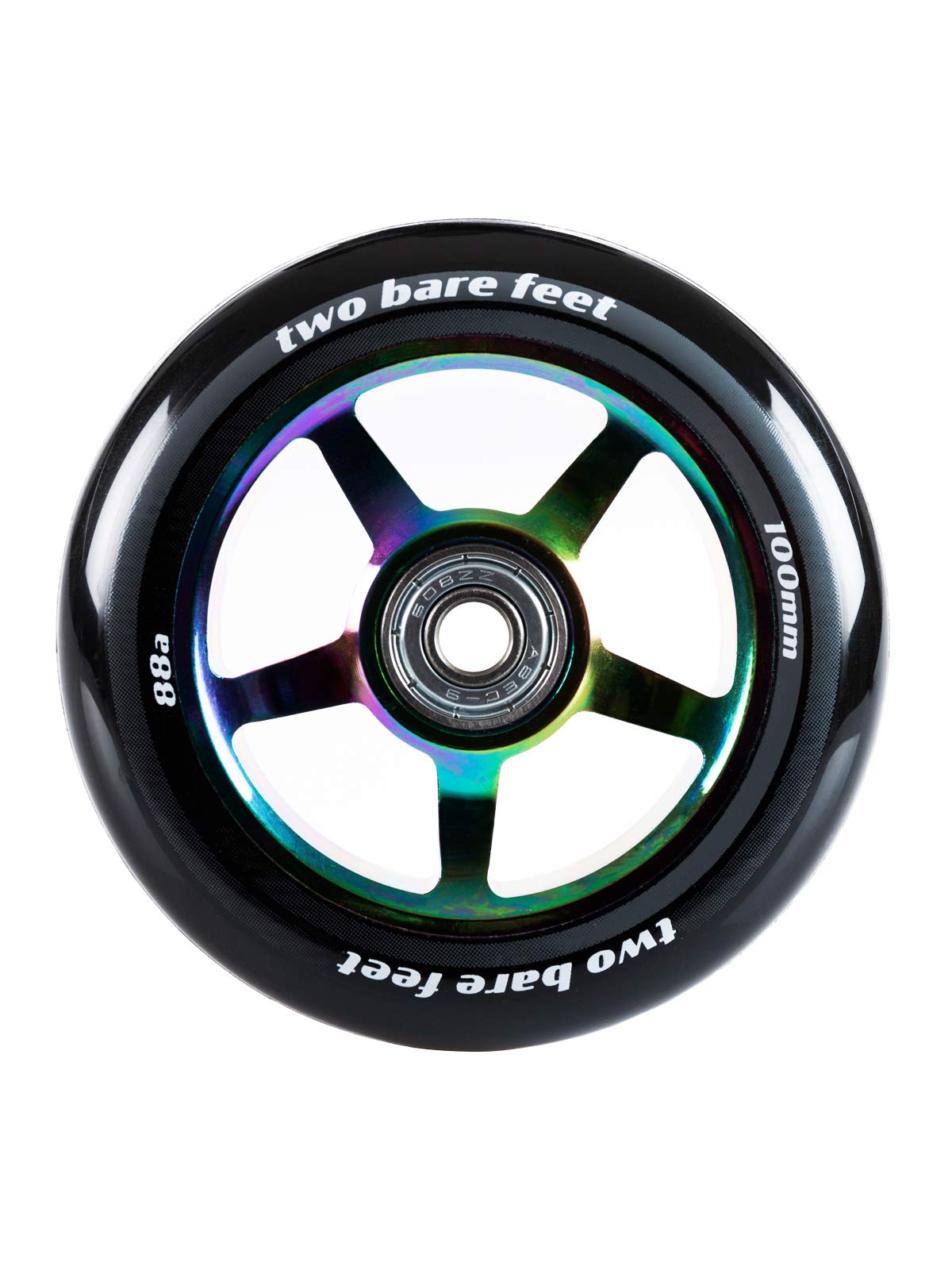 Two Bare Feet Alloy Series 100mm Stunt Scooter Wheels with ABEC 9 Bearings – Replacement Metal Core Wheels for Freestyle & Trick Scooters (5 Star Neochrome Single)