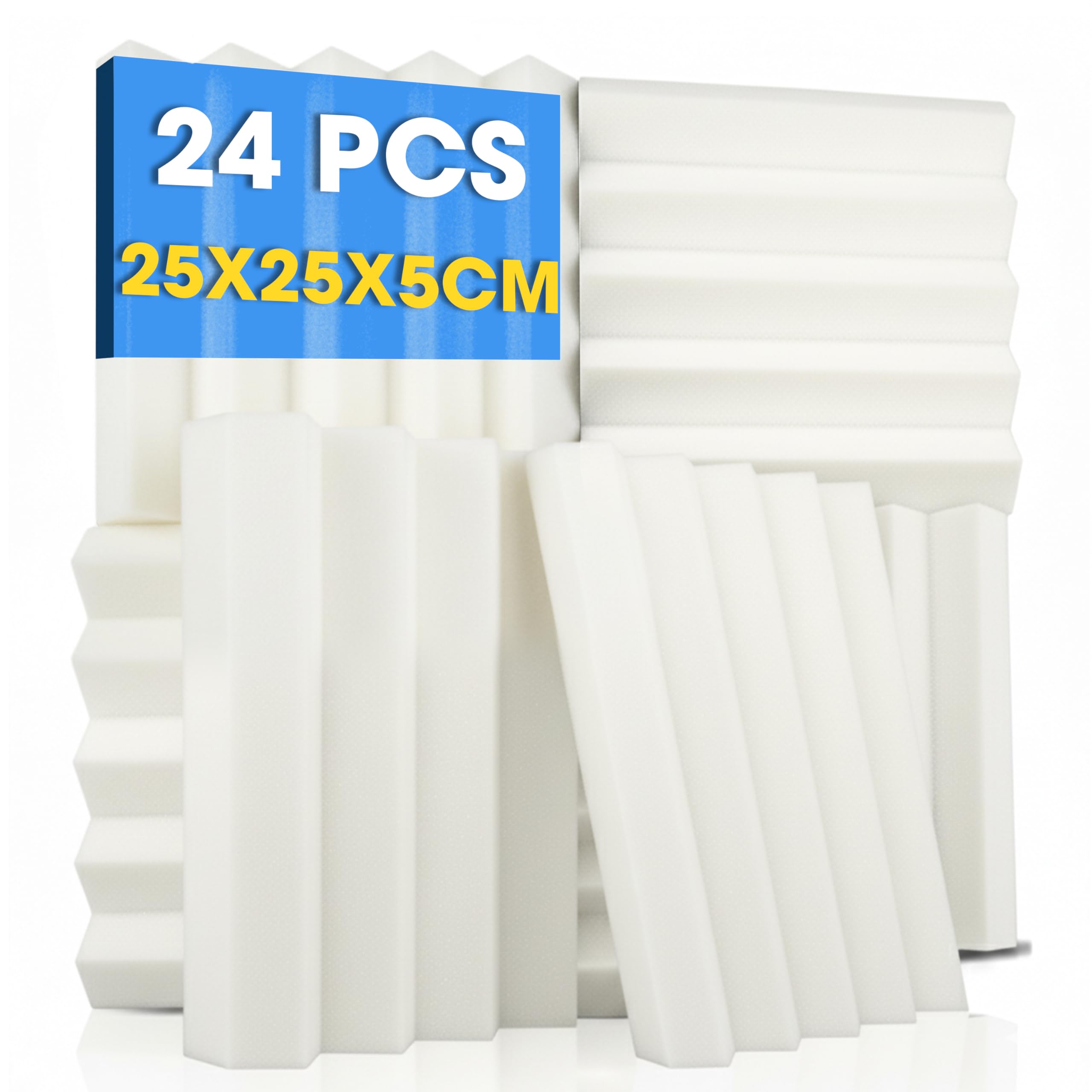 Arrowzoom 24 Paneles Acústicos Wedge 25x25x5cm Espuma Absorbente Blanco | Espuma acústica de alta densidad para reducir eco en estudio, gaming y oficina en casa con tratamiento acústico