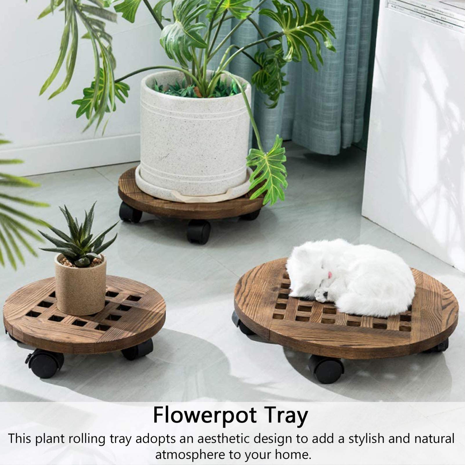POPETPOP Plateau de Jardinière en Bois Massif avec roulettes Rotatives de 25 Cm de Diamètre pour Grands Pots de Plantes Succulentes Style Bruni