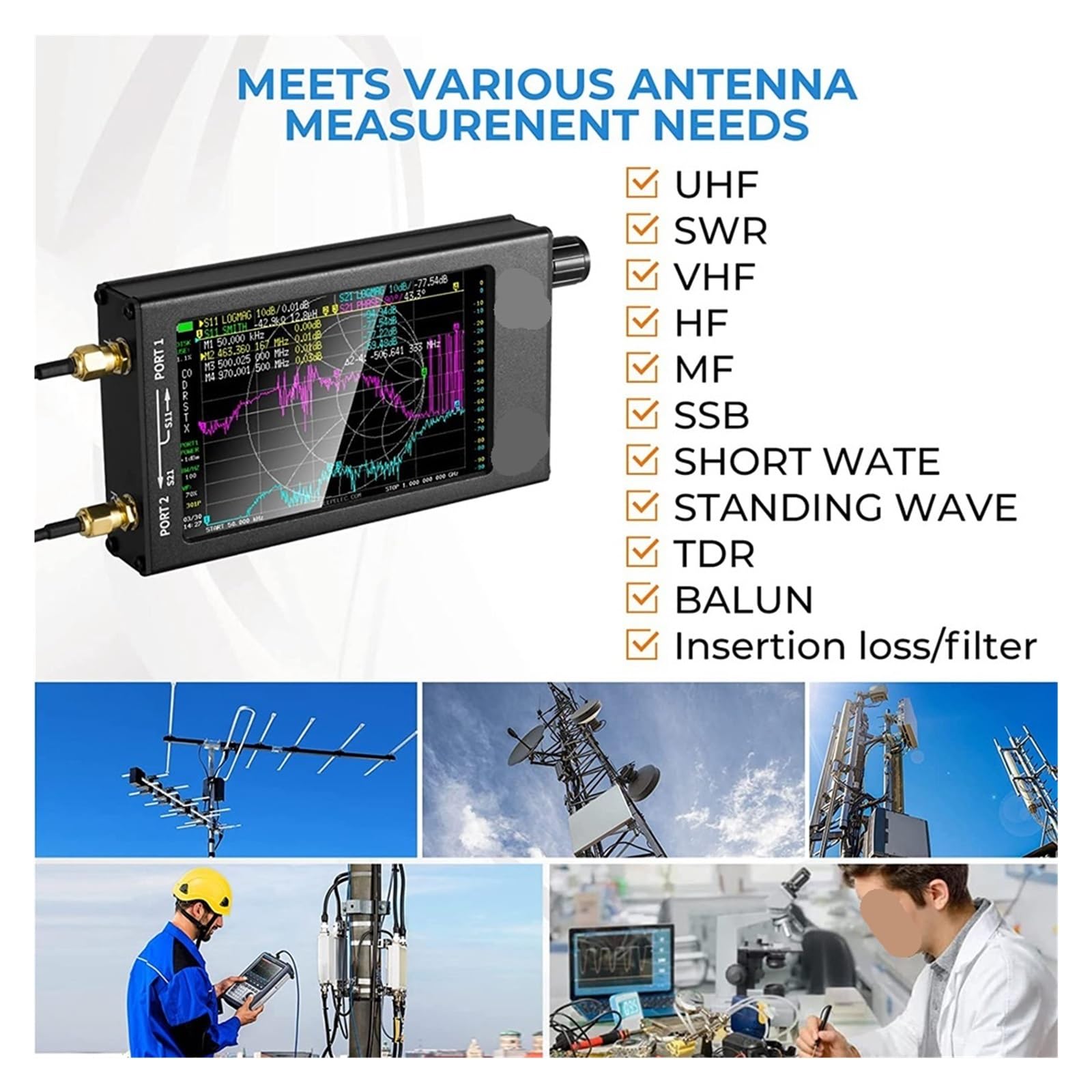 Analizador de red, Analizador De Red Vectorial 10KHz-1.5GHz Medición Antena 0,3 Pulgadas