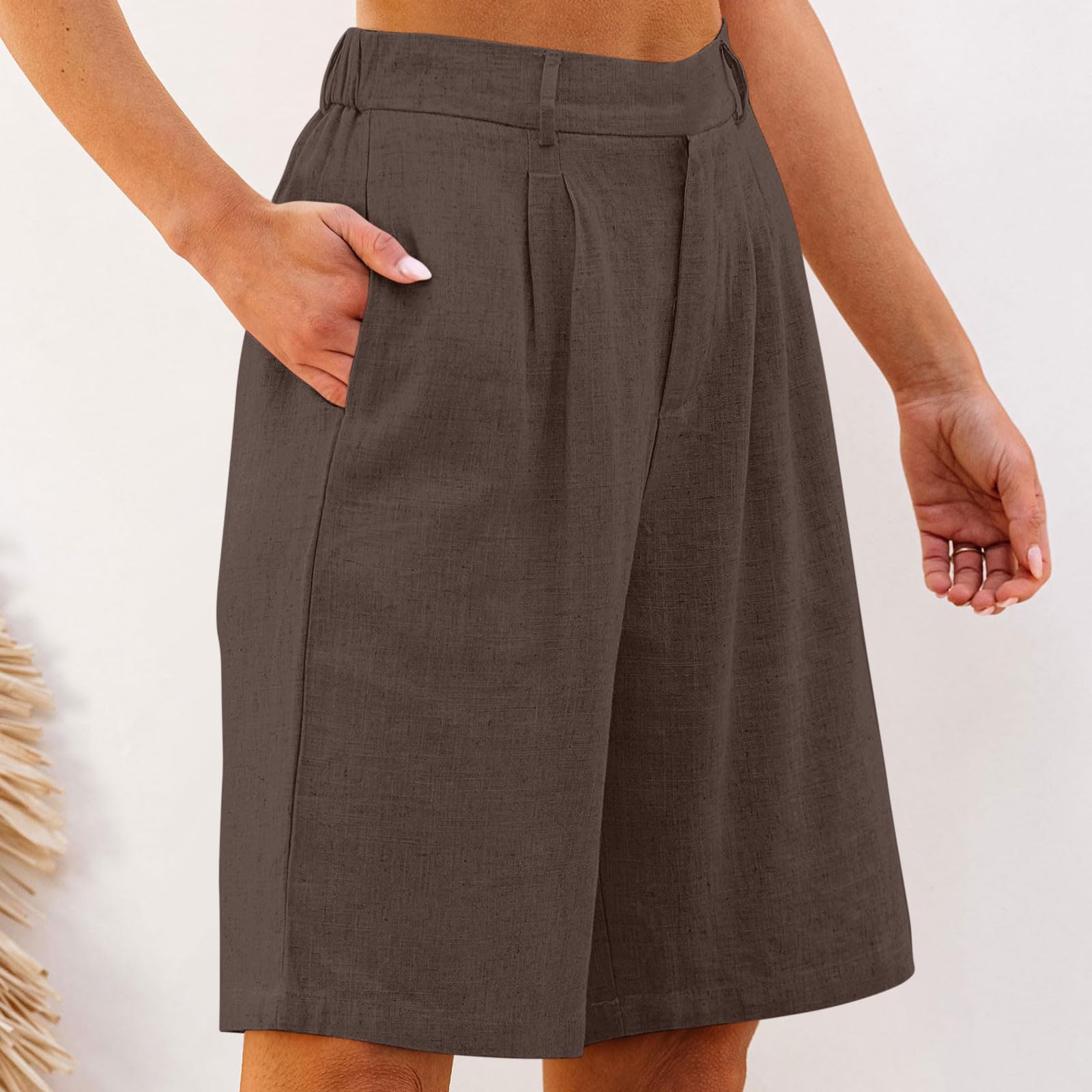 Bermuda Shorts for Women Cotton Linen Knee Length Wide Leg Short Pants High Waisted Casual Beach Travel Outfits(Coffee,Medium)